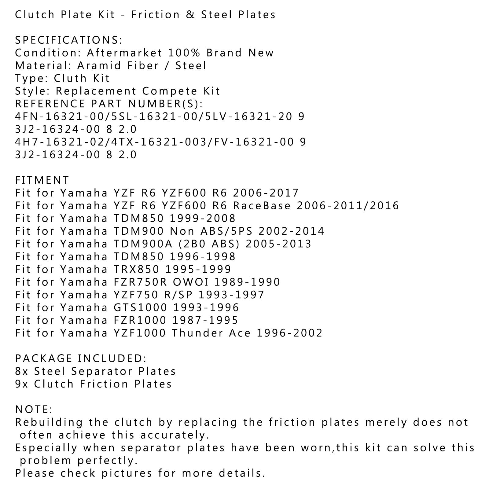 Kit de embrague de acero y placas de fricción para Yamaha R6 YZF600 TRX850 FZR1000 Generic