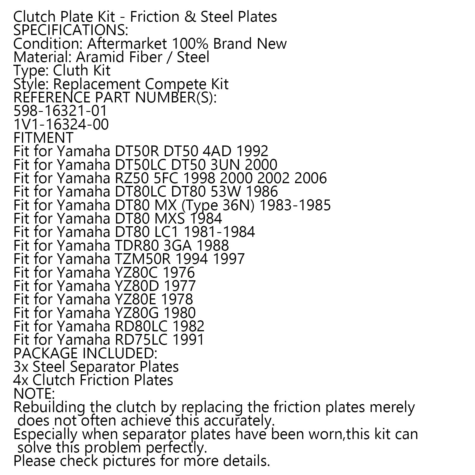 Kit Frizione e Dischi Attrito in Acciaio per Yamaha DT50 RZ50 DT80 TDR80 YZ80 Generic