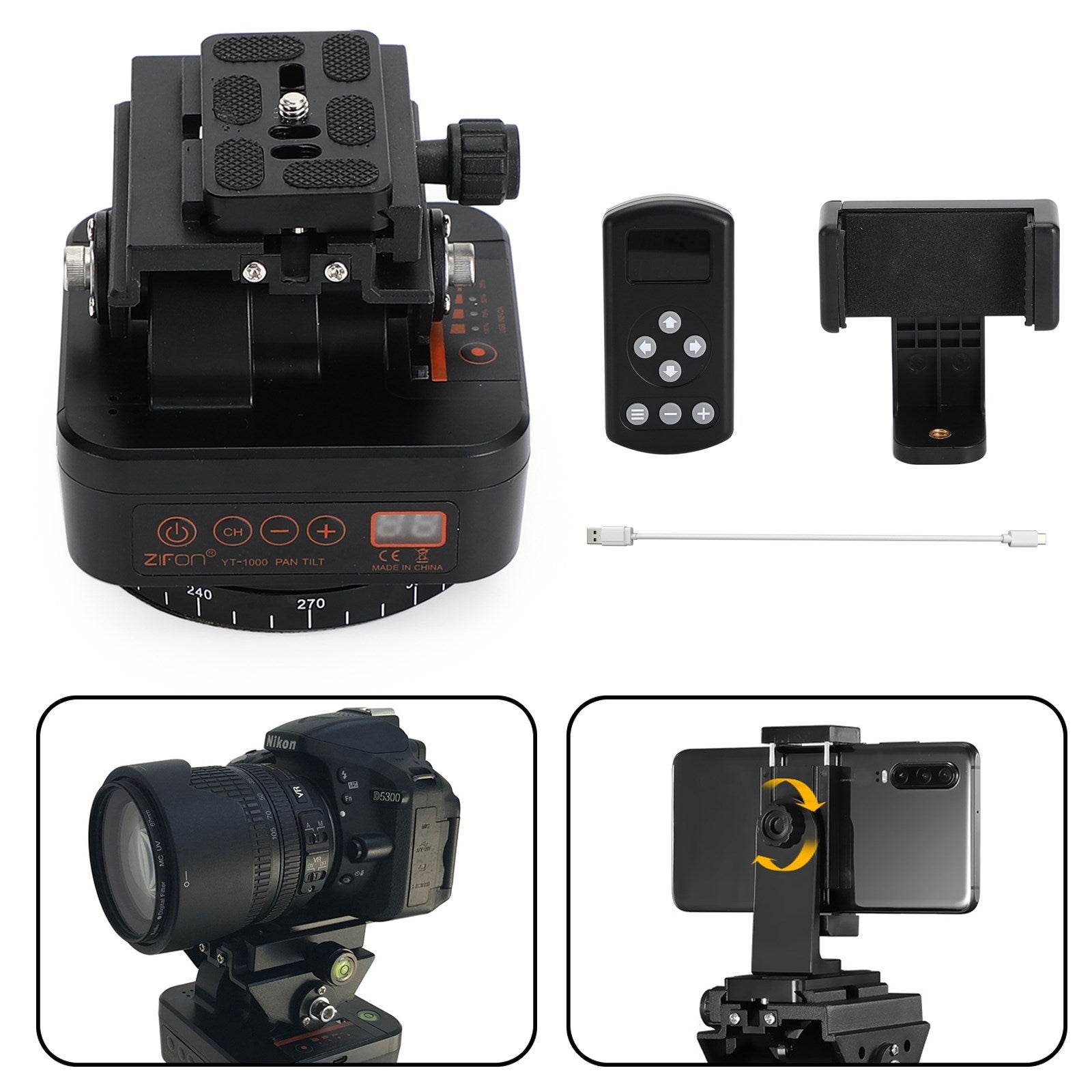 ZIFON YT-1000 Testa treppiede rotante panoramica a 360° con telecomando per telefono Gopro DSLR