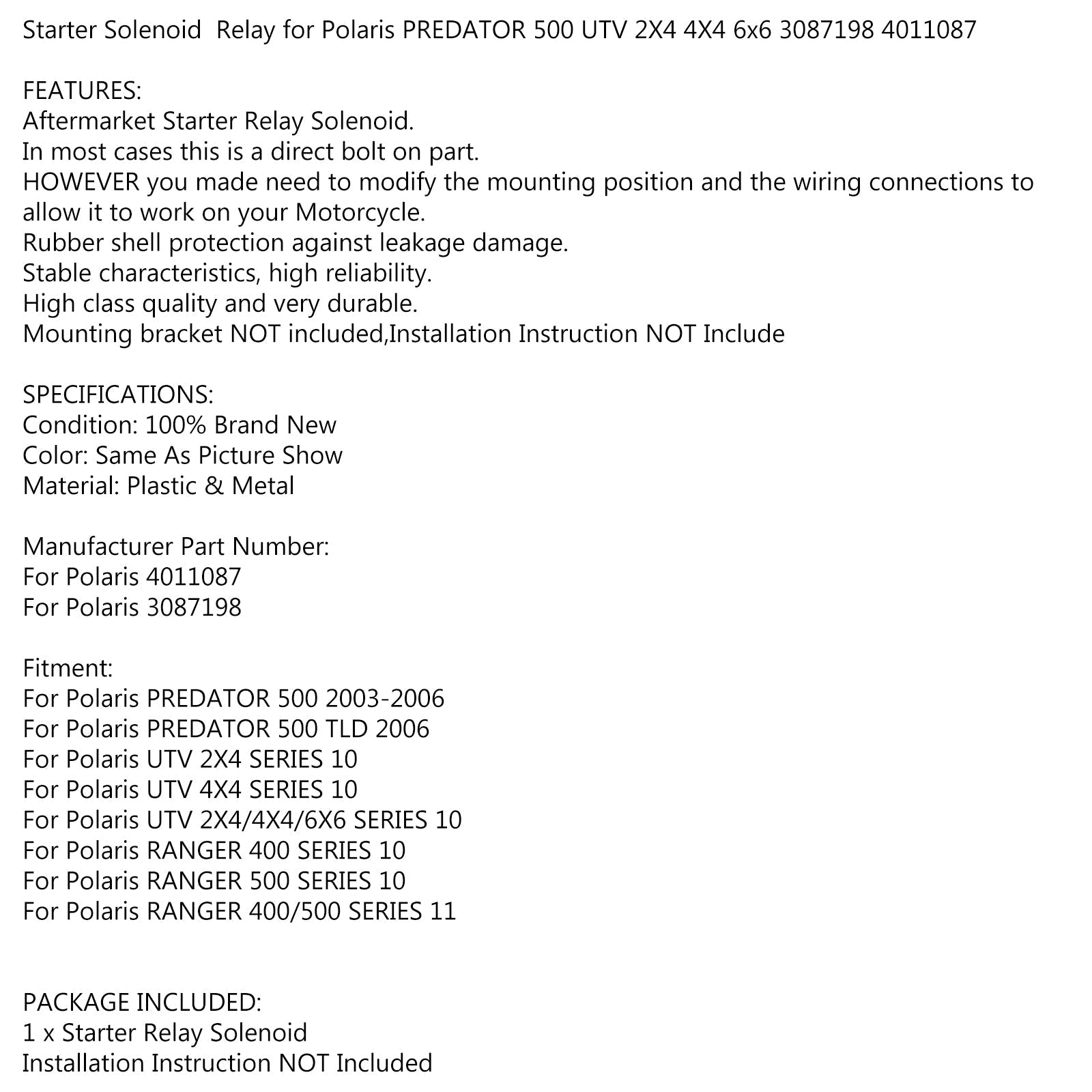 Elektromagnes przekaźnika rozrusznika dla Polaris RANGER 400 500 SERIES 10/11 3087198 4011087 Generic