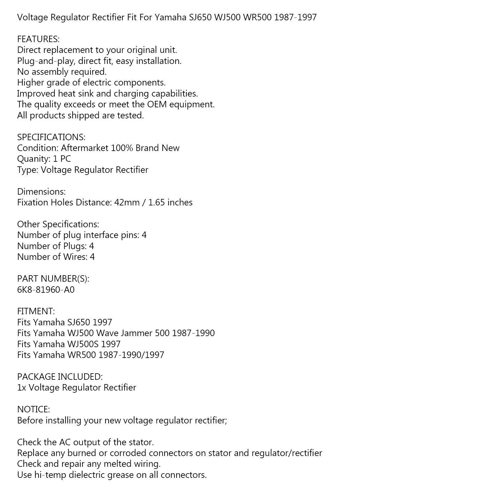 Prostownik regulatora napięcia dla Yamaha Wave Runner 500 Super Jet 650 PWC 1987-90 Generic
