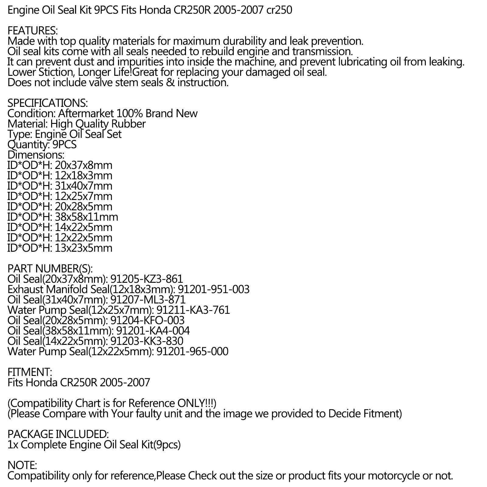 9pcs Motoroliekeerringset voor Honda CR250R 2005-2007 cr250r cr-250r Generiek