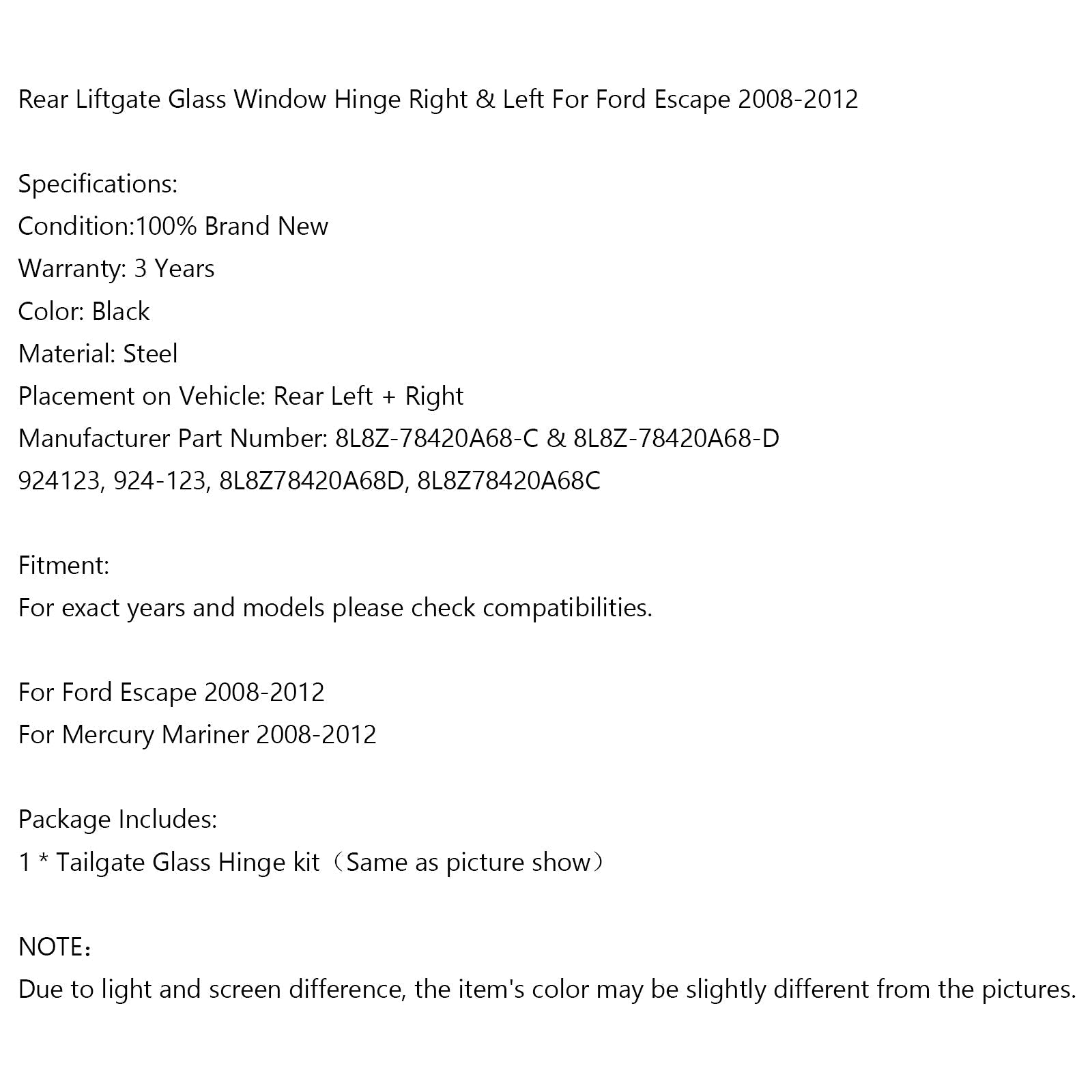 Areyourshop Charnières de vitre de hayon arrière gauche + droite pour Ford Escape 2008-2012 générique