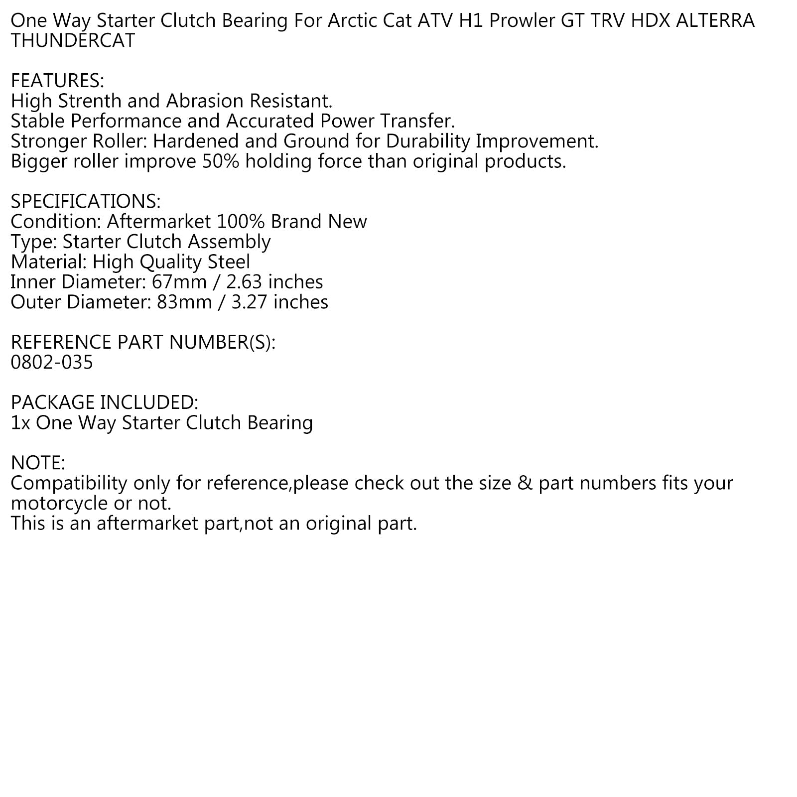 Cuscinetto frizione avviamento unidirezionale per Arctic Cat TRV 550 VLX Prowler ATV 0802-035 generico