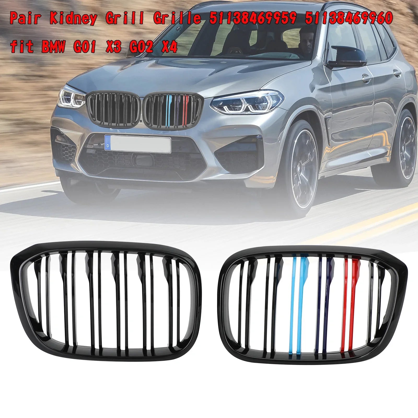 2 szt. Kratka z grillem nerkowym w kolorze M 51138469959 pasuje do BMW G01 X3 G02 X4 Czarny błyszczący Generic