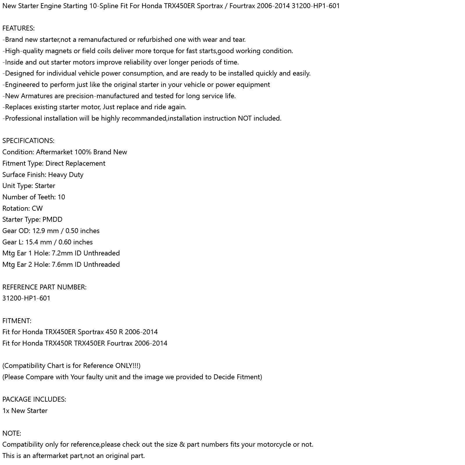 Jump Starter Fit Voor Honda Atv TRX450ER Nieuwe 31200-HP1-601 2006-2014 Generieke