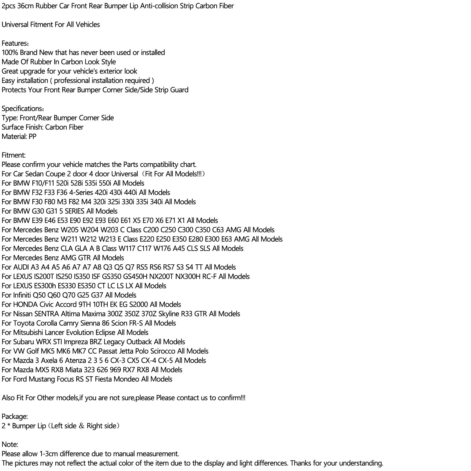 2 pezzi 36 cm in gomma per auto paraurti anteriore posteriore labbro anticollisione striscia in fibra di carbonio generica