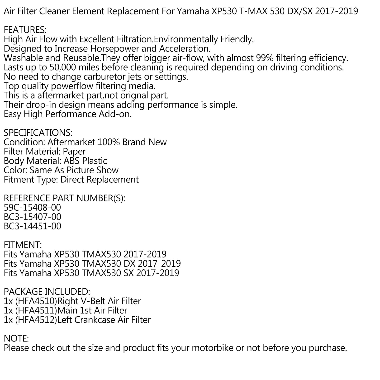 Igra zračnega filtra za Yamaha XP 530 XP530 TMAX T-MAX 530 SX/DX 2017 2018 2019 Generic