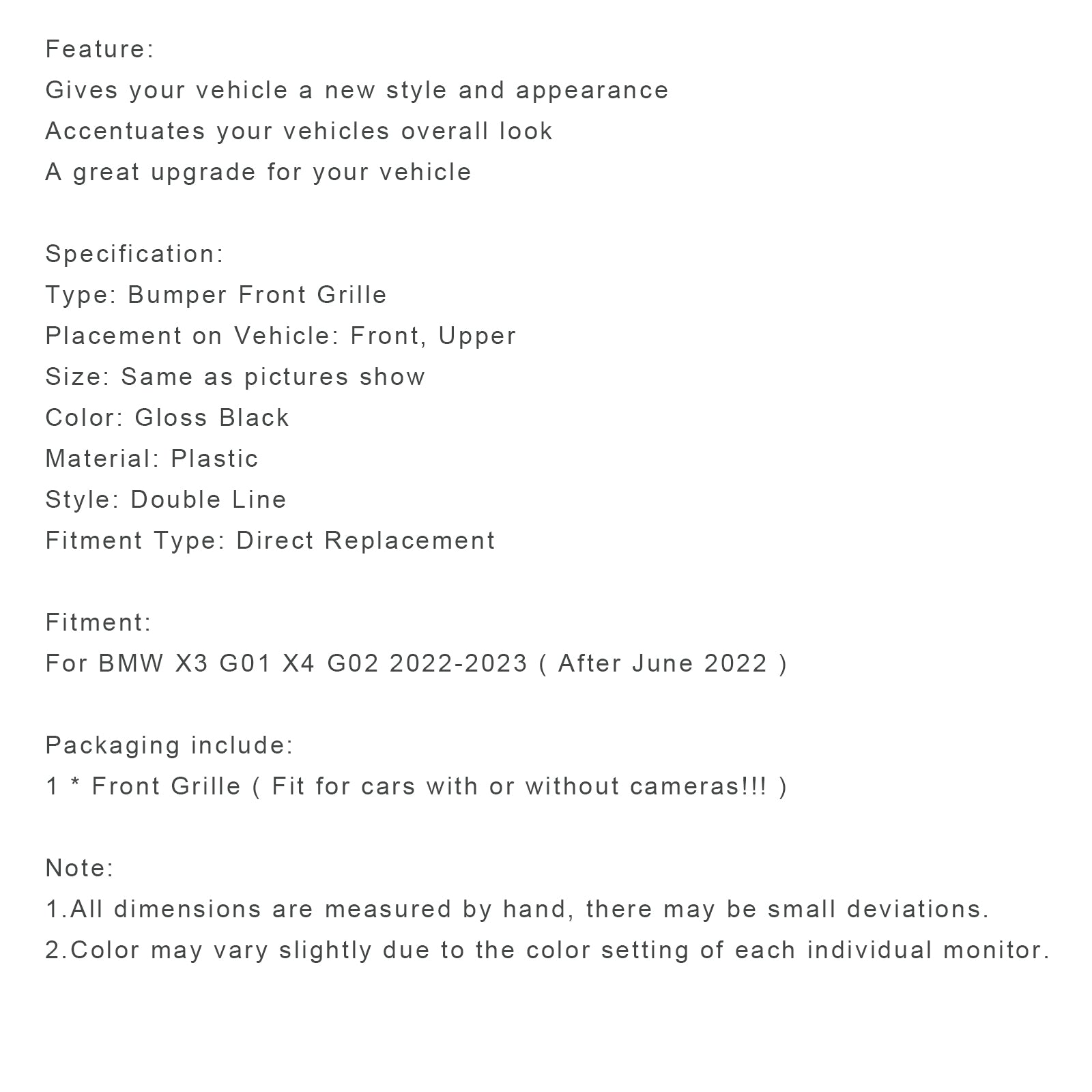 BMW X3 X4 G01 G02 2022 2023 Parrilla delantera negra brillante