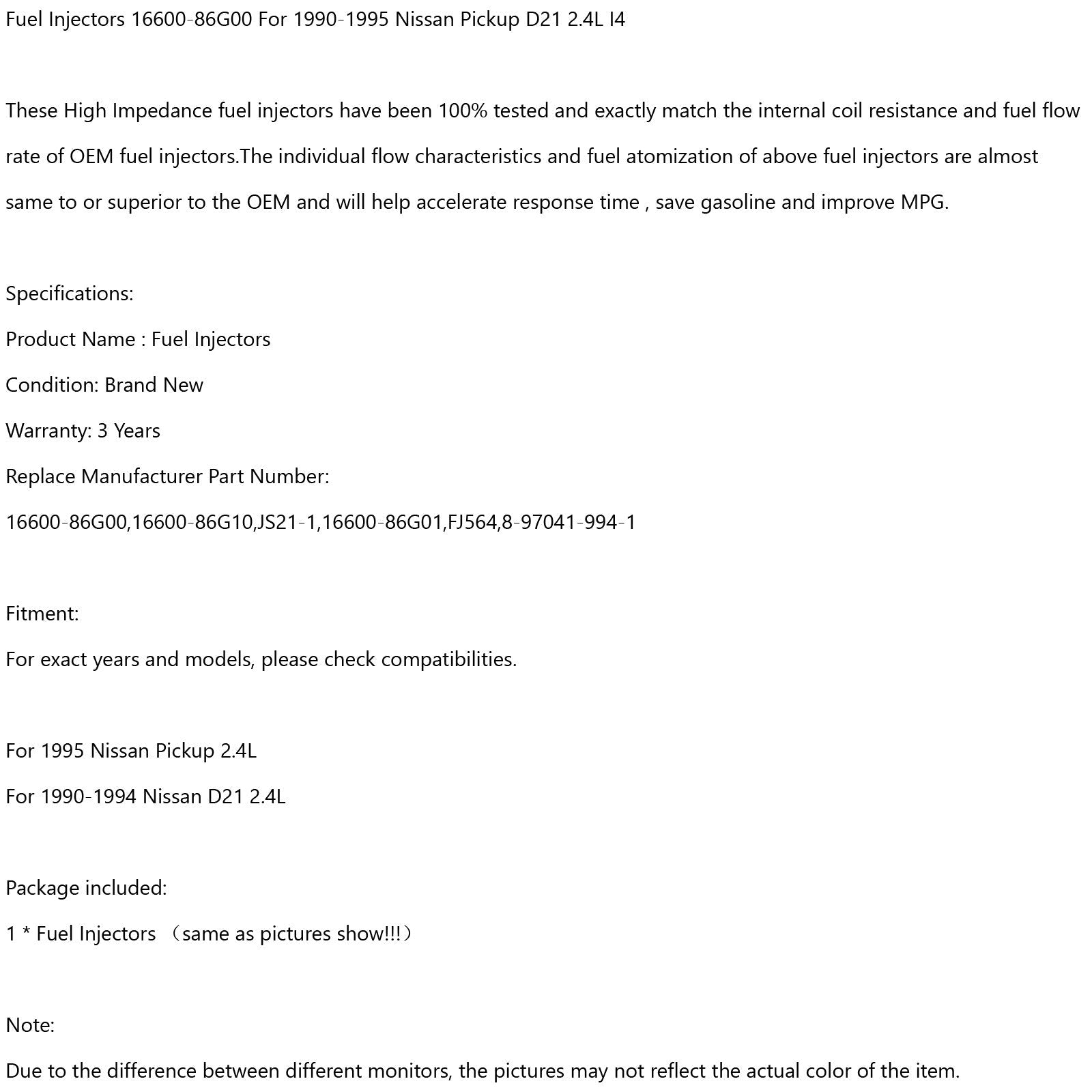 1 pièces injecteurs de carburant 16600-86G00 Fit 1990-1995 Nissan pick-up D21 2.4L I4 générique