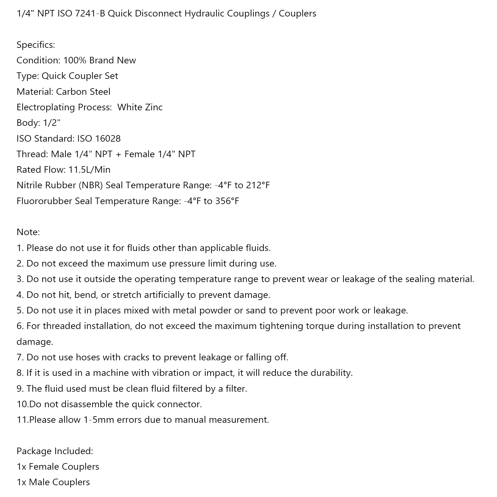 1 juego de accesorios/acopladores hidráulicos de desconexión rápida NPT ISO 7241-B de 1/4"