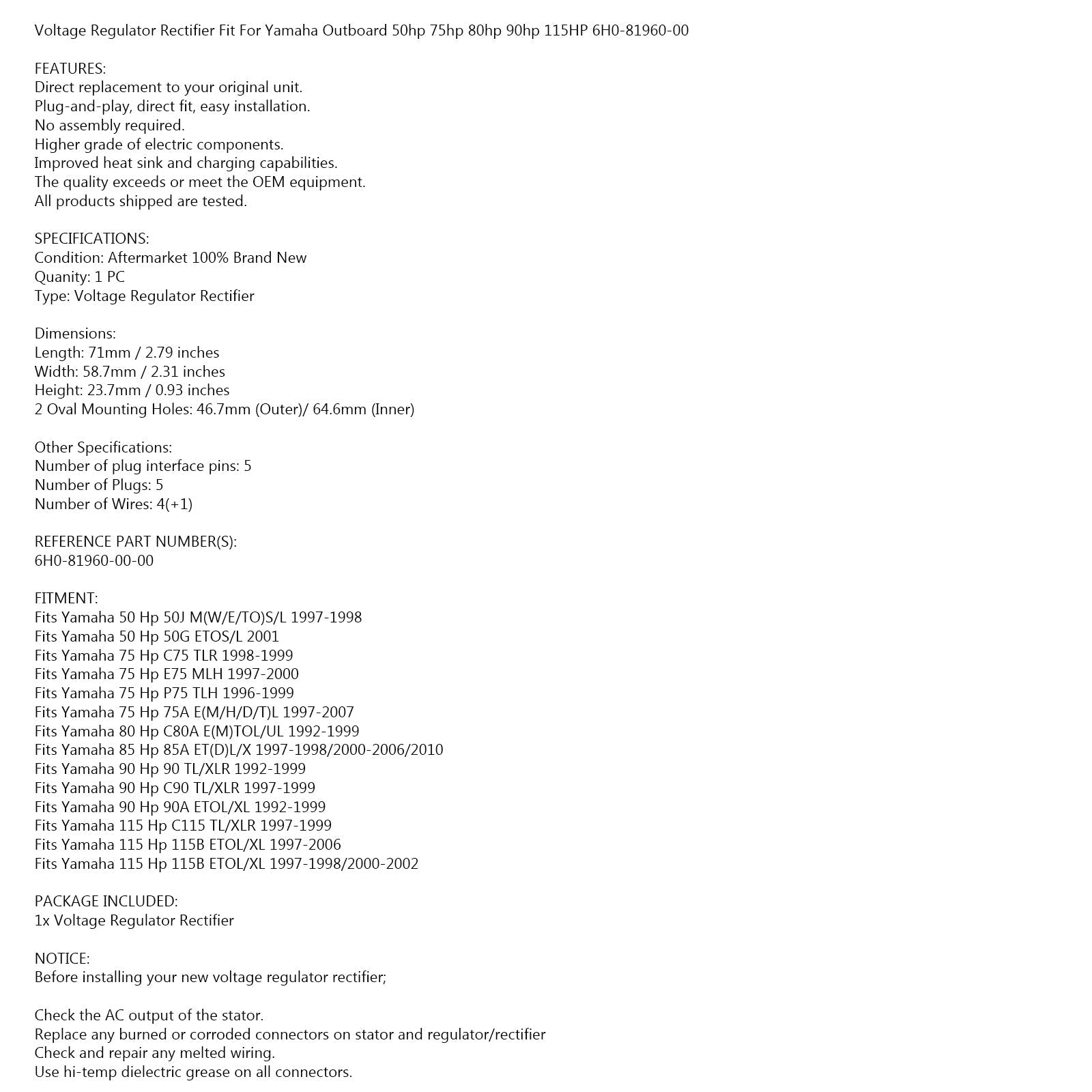 Prostownik regulatora pasuje do silnika zaburtowego Yamaha 50-115 KM 1992-2010 6H0-81960-00-00