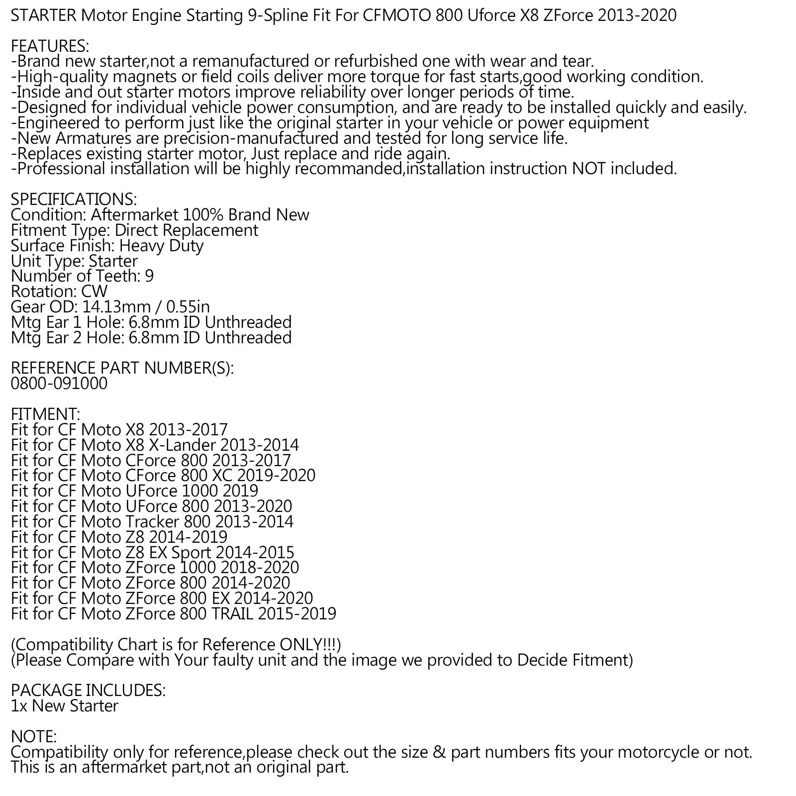 Startmotor voor CF Moto X8 Terralander CF UF ZF 800 ATV Z8 2013-2020 0800-091000 Generiek