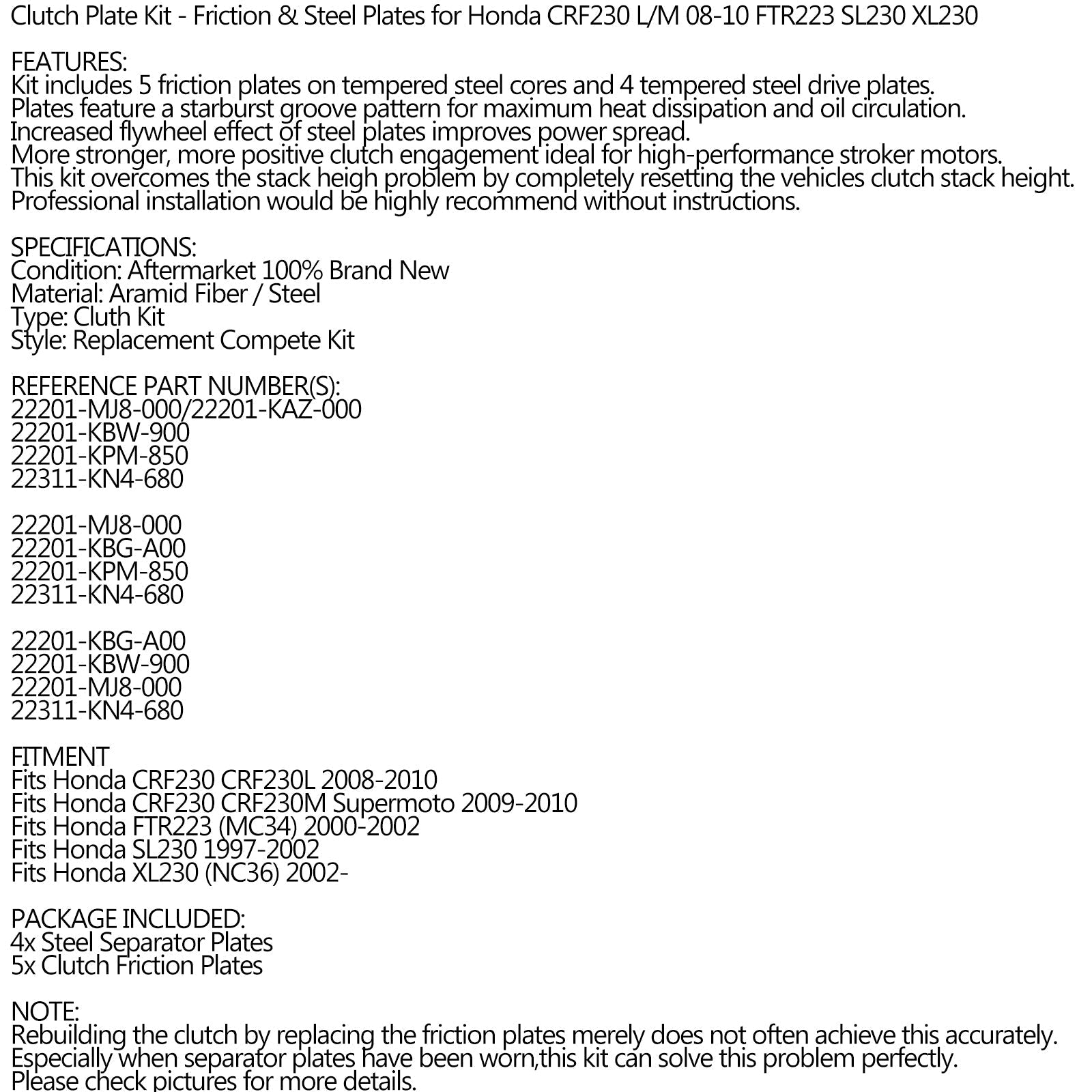 Kit Frizione e Dischi Attriti in Acciaio per Honda CRF230 L/M 08-10 FTR223 SL230 XL230 Generico