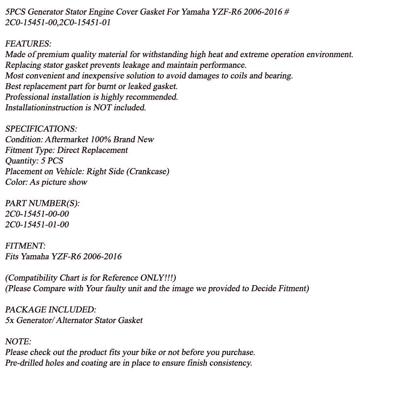 5 stks STATOR PAKKING MOTOR CARTER COVER voor Yamaha R6 YZF-R6 YZFR6 2006-2016 Generieke