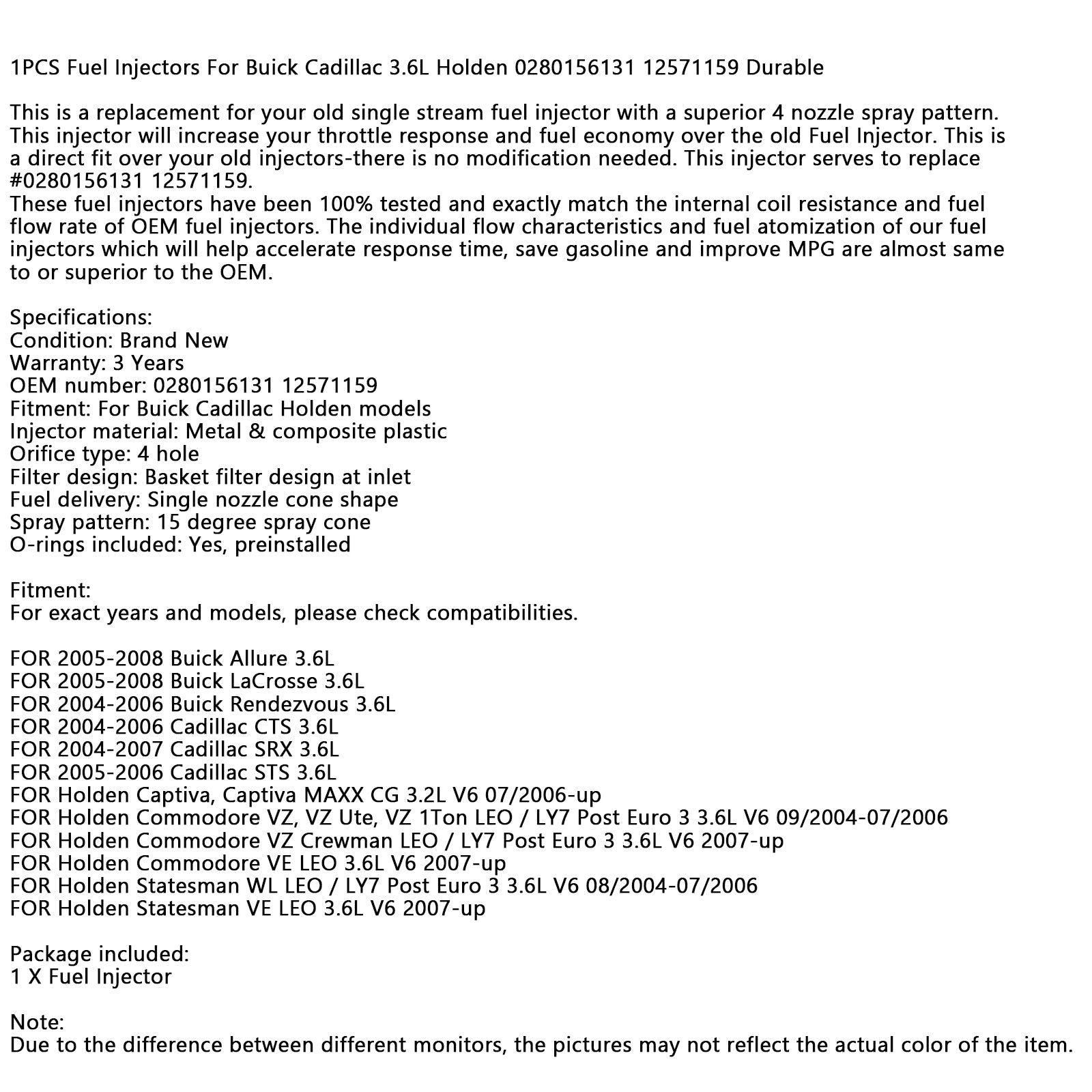 1 PCS Injecteurs De Carburant Pour Buick Cadillac 3.6L 0280156131 12571159 Durable Générique