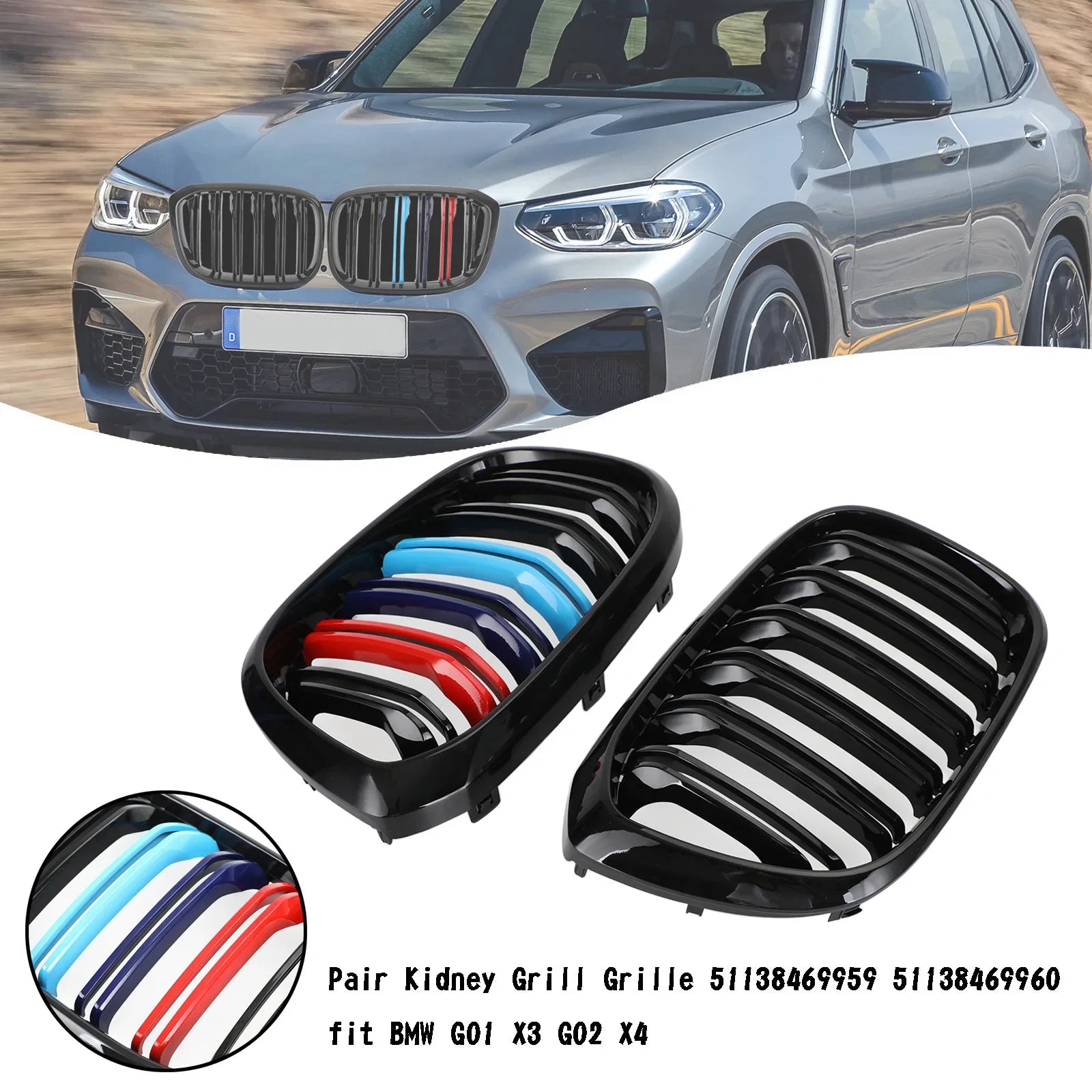 2 szt. Kratka z grillem nerkowym w kolorze M 51138469959 pasuje do BMW G01 X3 G02 X4 Czarny błyszczący Generic