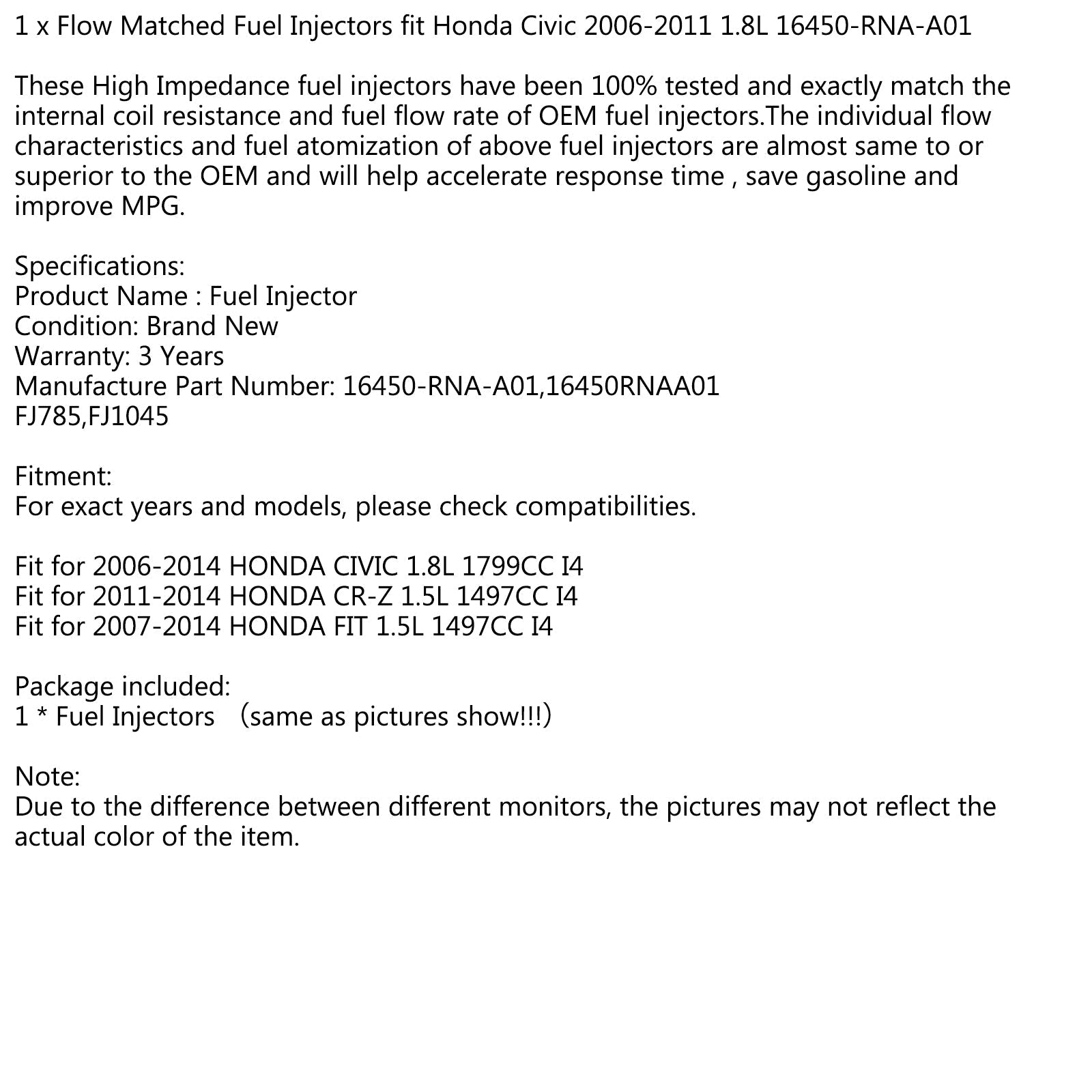 1 pièces d'injecteurs de carburant à débit adapté pour Honda Civic 2006-2011 1.8L 16450-RNA-A01 générique