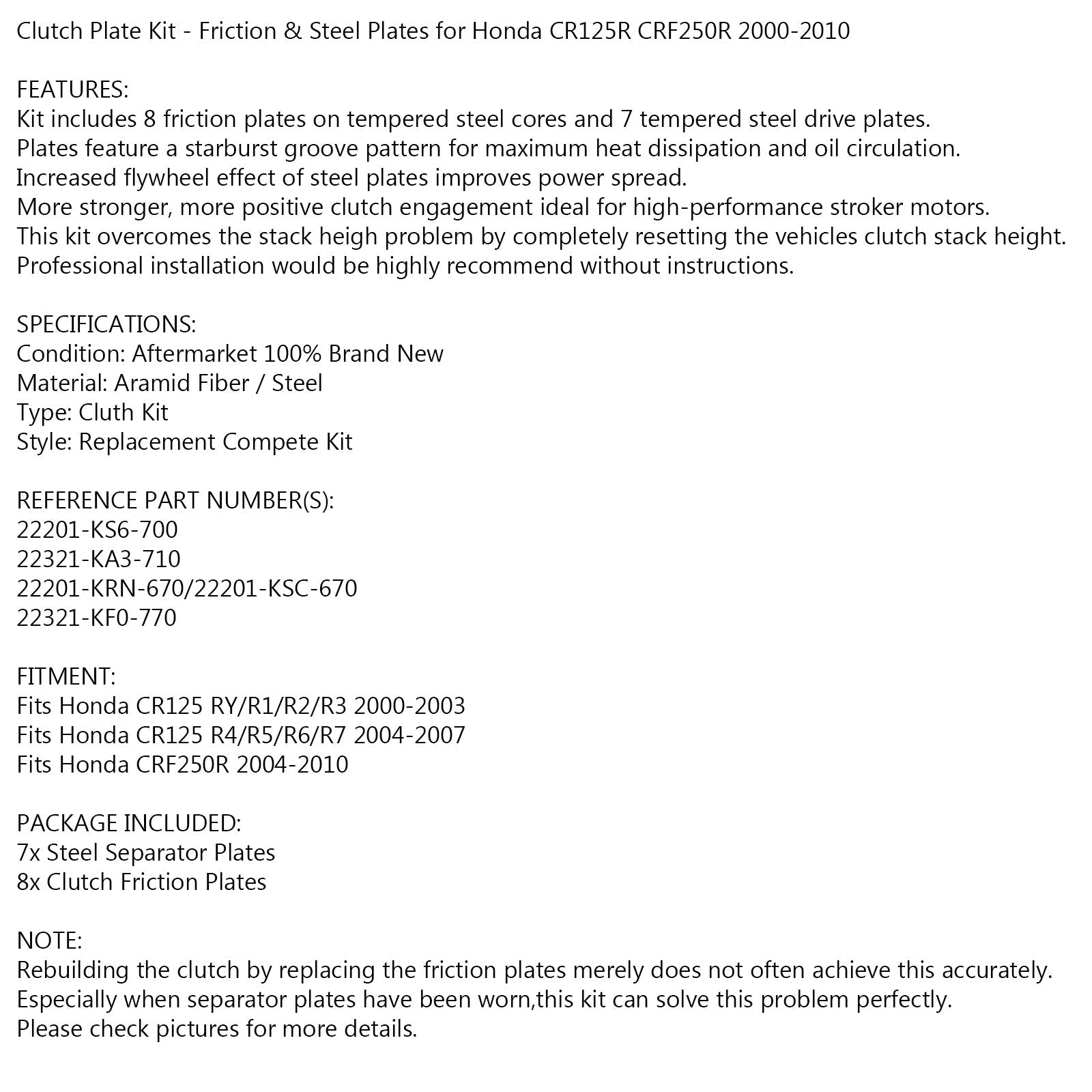 Kit Embrayage Acier & Disques Friction pour Honda CR 125 R CRF 250 R 2000-2010 Generic