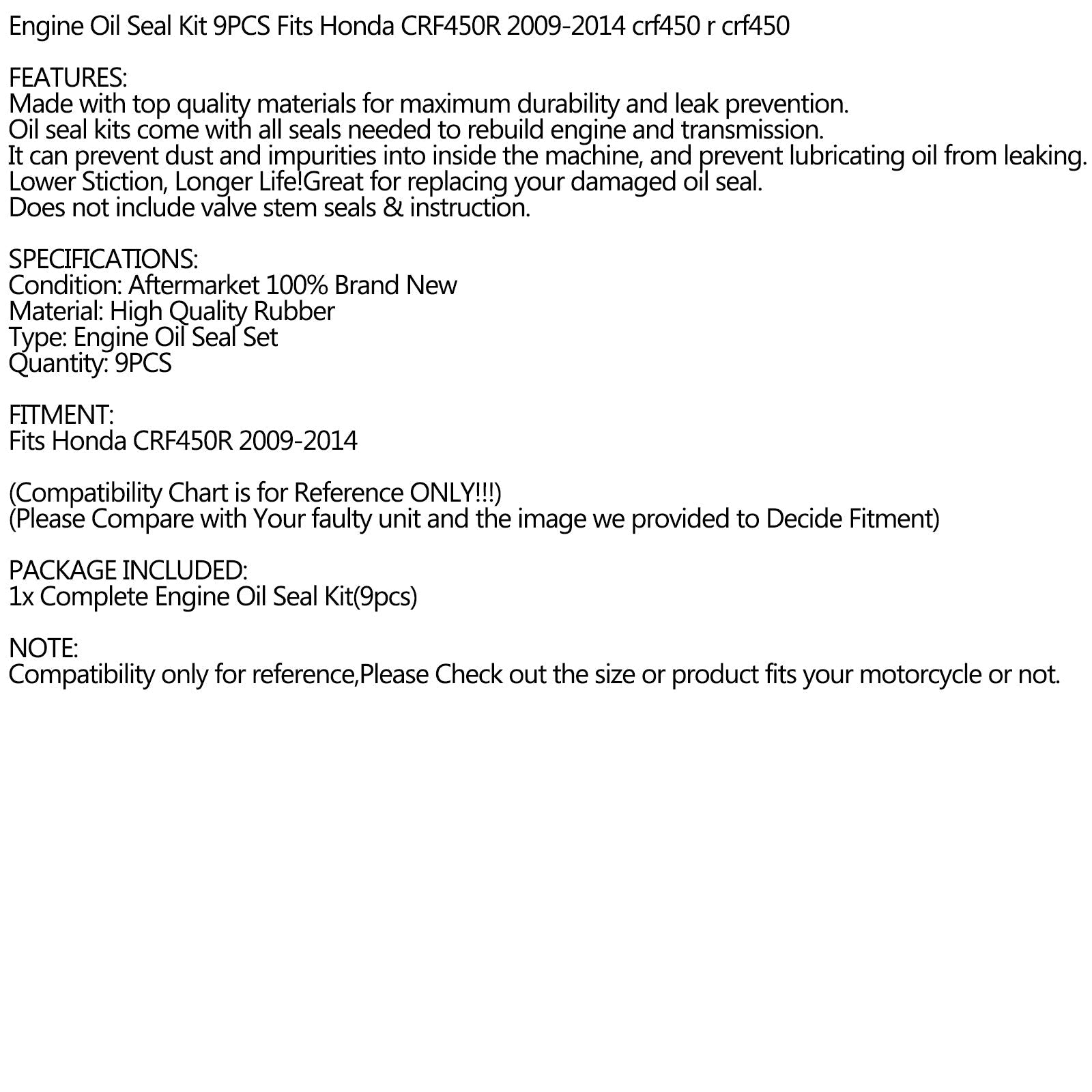 9-delige motoroliekeerringset voor Honda CRF450R CRF450 CRF 450 R 2009-2014 Generiek