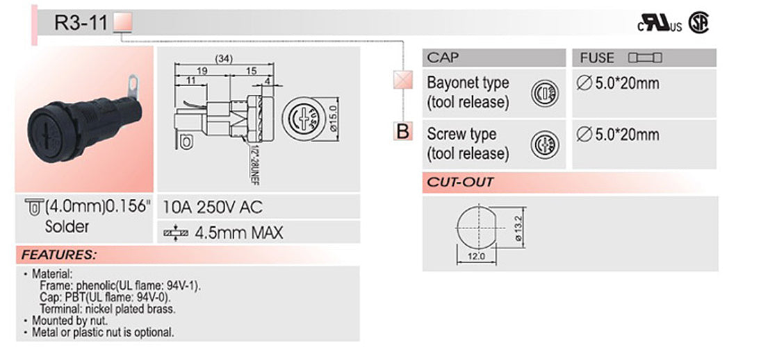 8 kpl SCI R3-11 Paneeliasennettava rungon sulakepidike 5x20mm lasisulakkeille 10A 250V