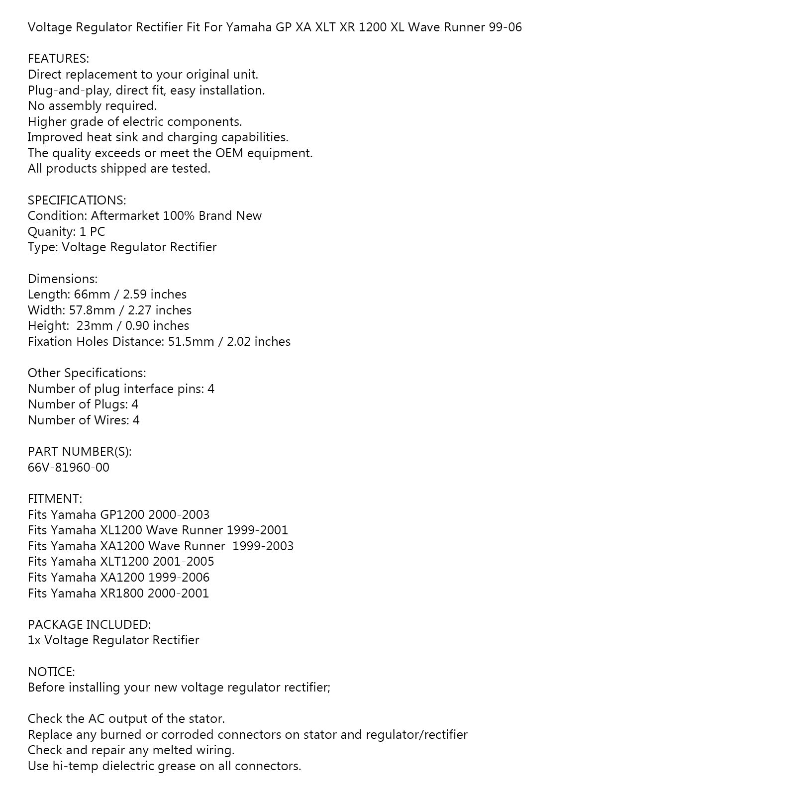 Rectificador regulador de voltaje para Yamaha XL1200 XLT1200 GP1200 66V-81960-00-00 Genérico