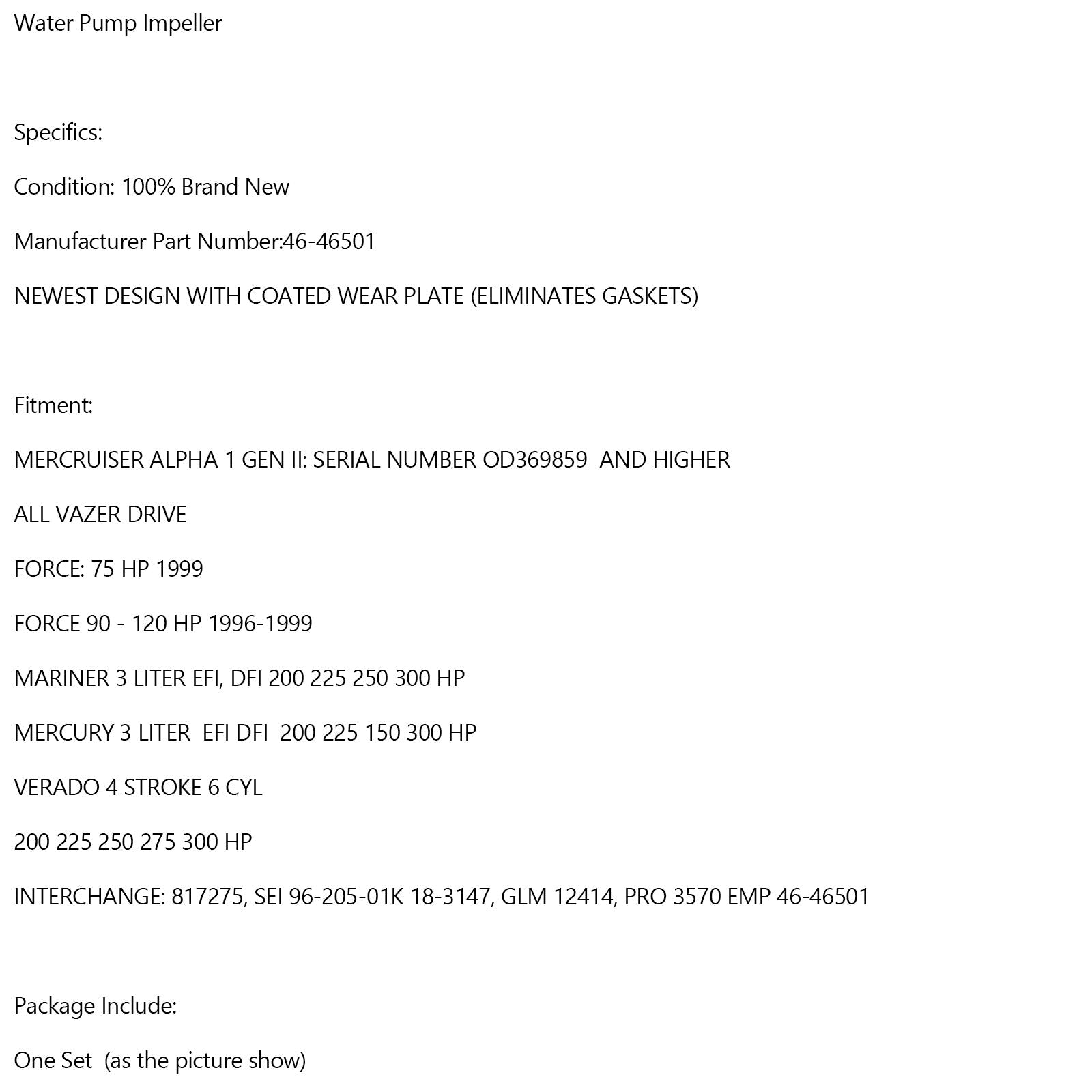 Turbine de pompe à eau 43024A7 3570 46-46501 pour MERCURY FORCE 90 120HP 1996 99