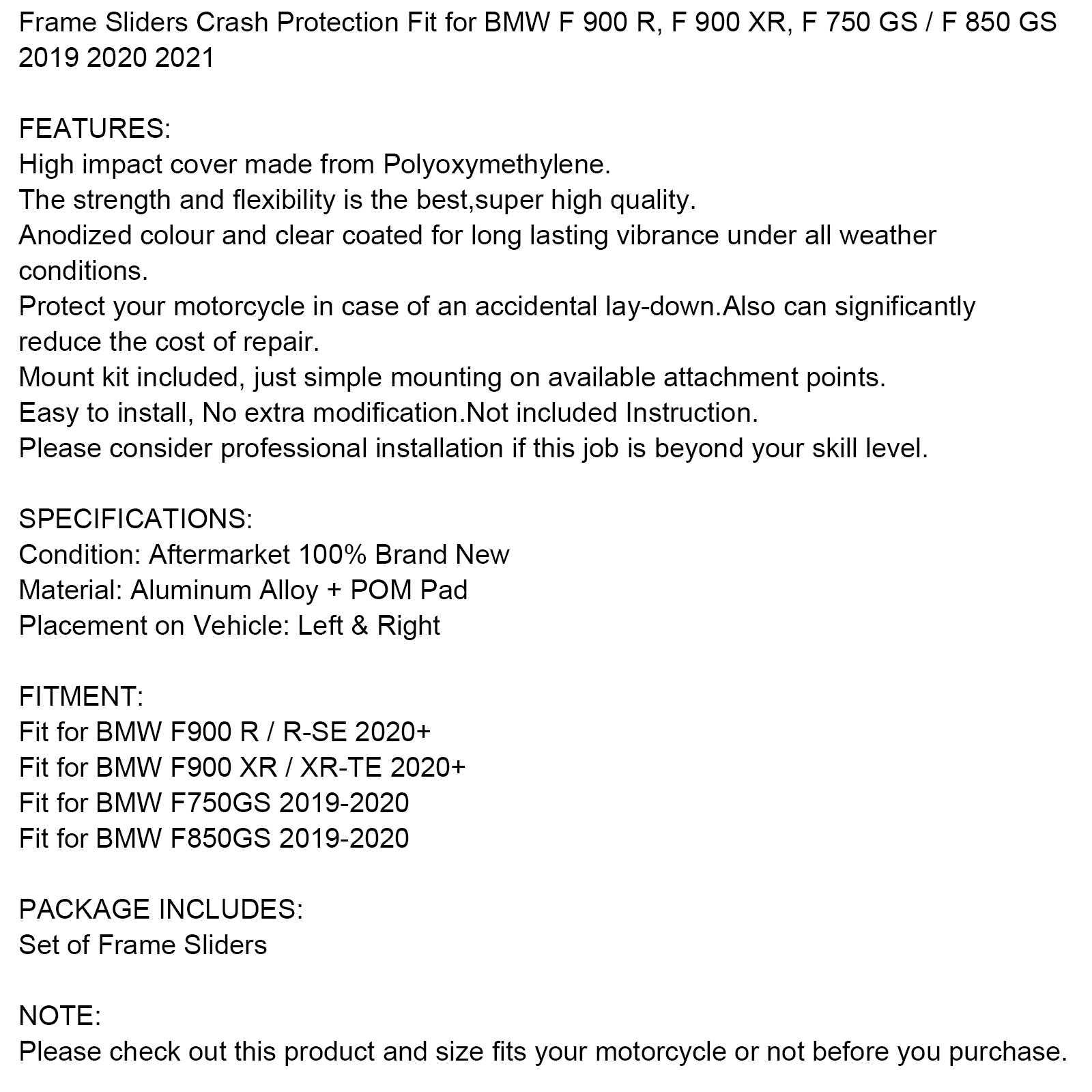 Protecteur de curseurs de cadre anti-crash pour BMW F900 R/XR 2020 F 750/850 GS 19-20 générique