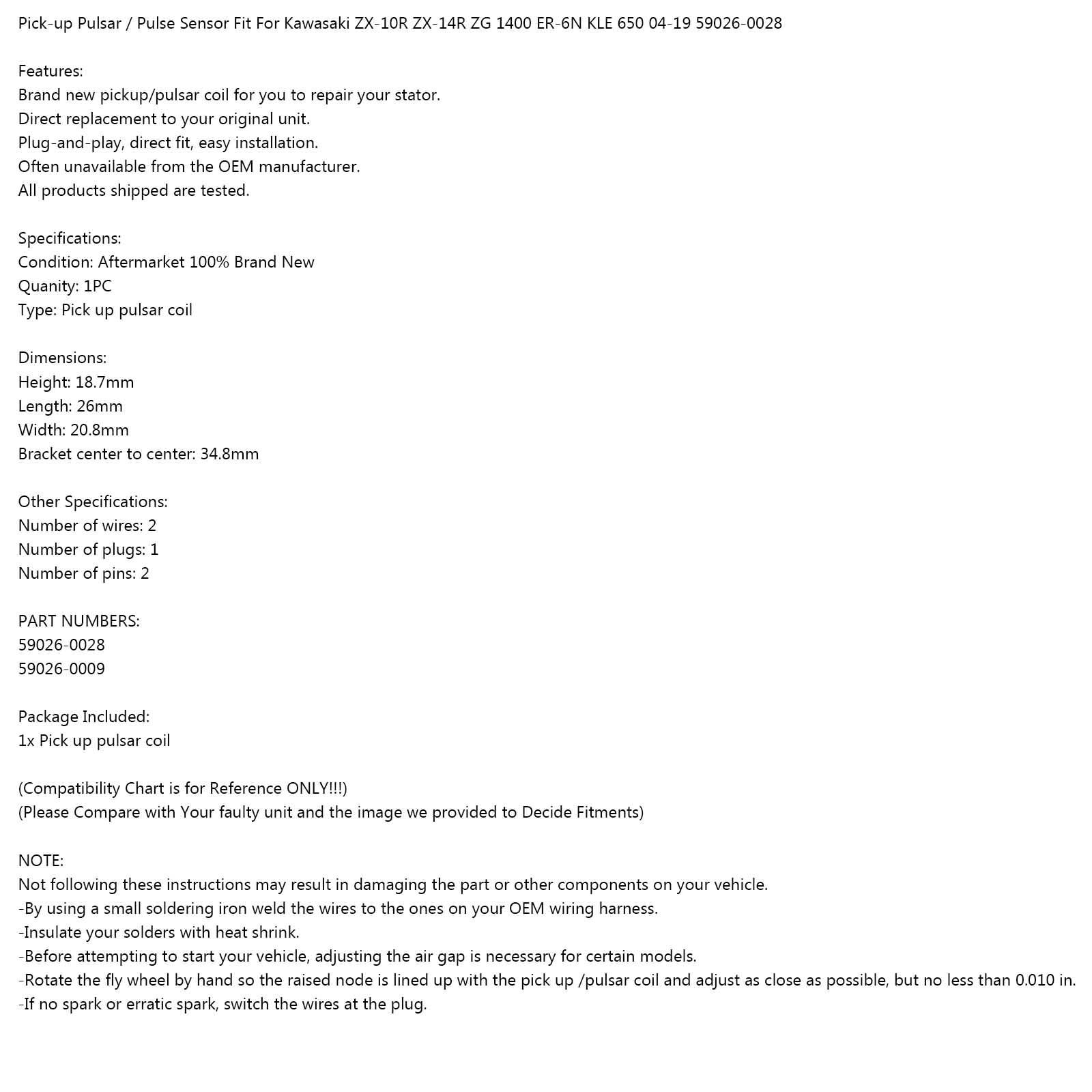 Areyourshop cewka pulsująca stojana pasuje do Kawasaki ZG1400 Concours ZX14 Ninja 06-19 59026-0028