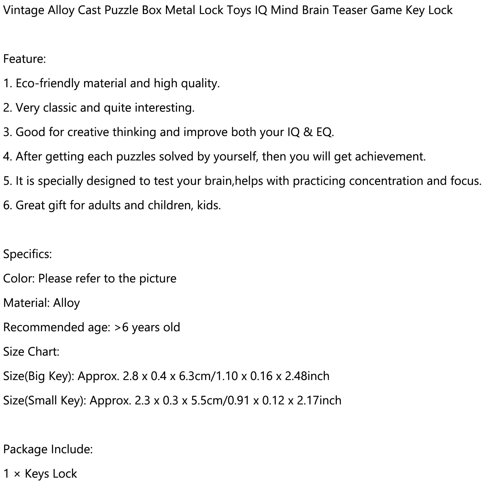 Vintage Alloy Cast IQ Mind Puzzle Box Metal Lock Jouets Casse-tête Jeu Key Lock