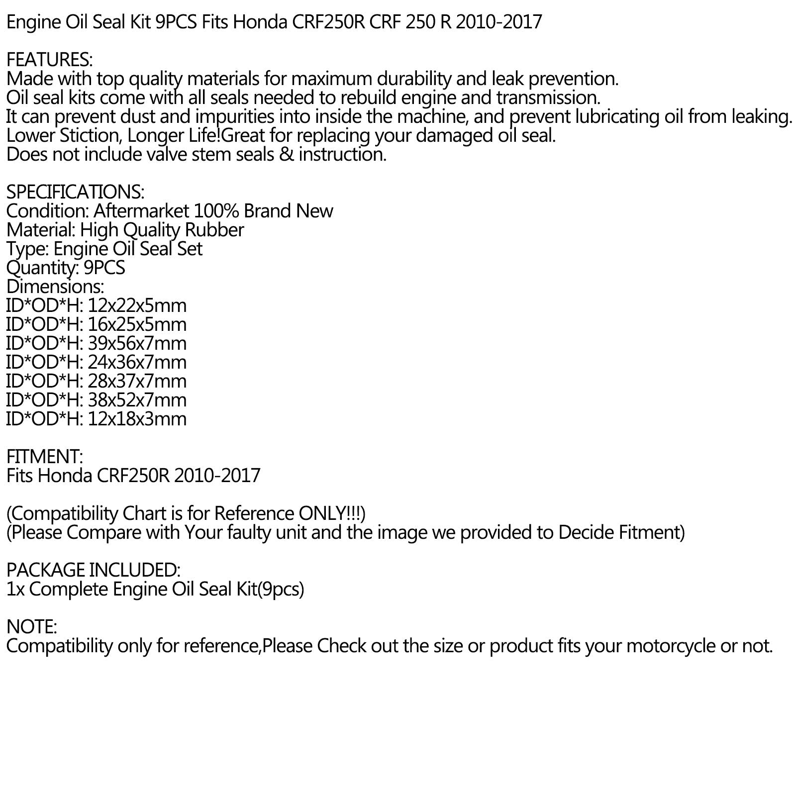 Celoten komplet za tesnilo motornega olja - 9 delov za Honda CRF250R 2010 ?? ¨-C2017 generično