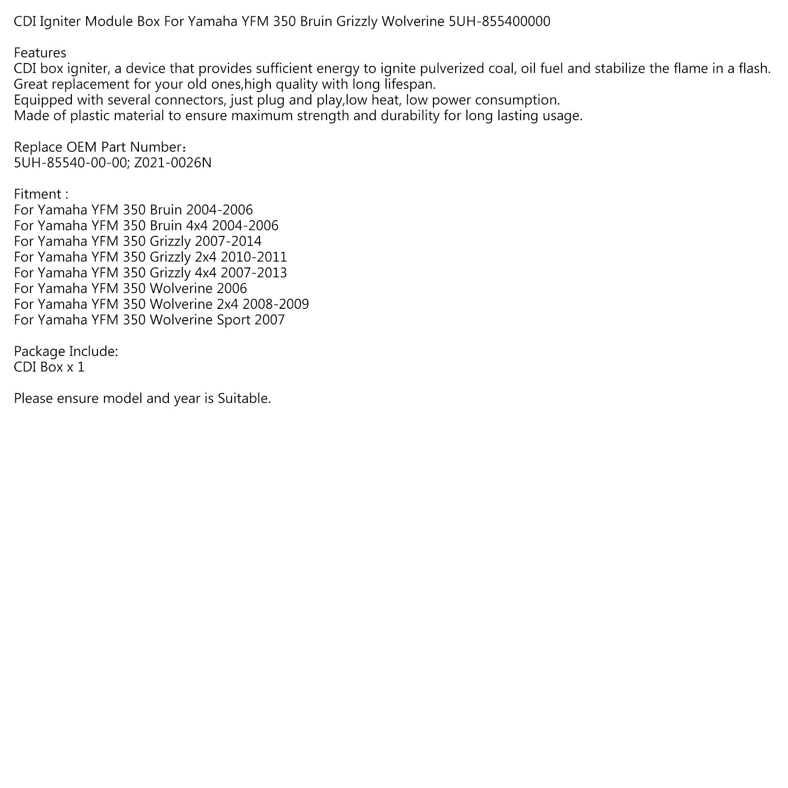 Boîtier CDI ECU pour Yamaha YFM 350 Wolverine Sport Grizzly Bruin 5UH-855400000 générique