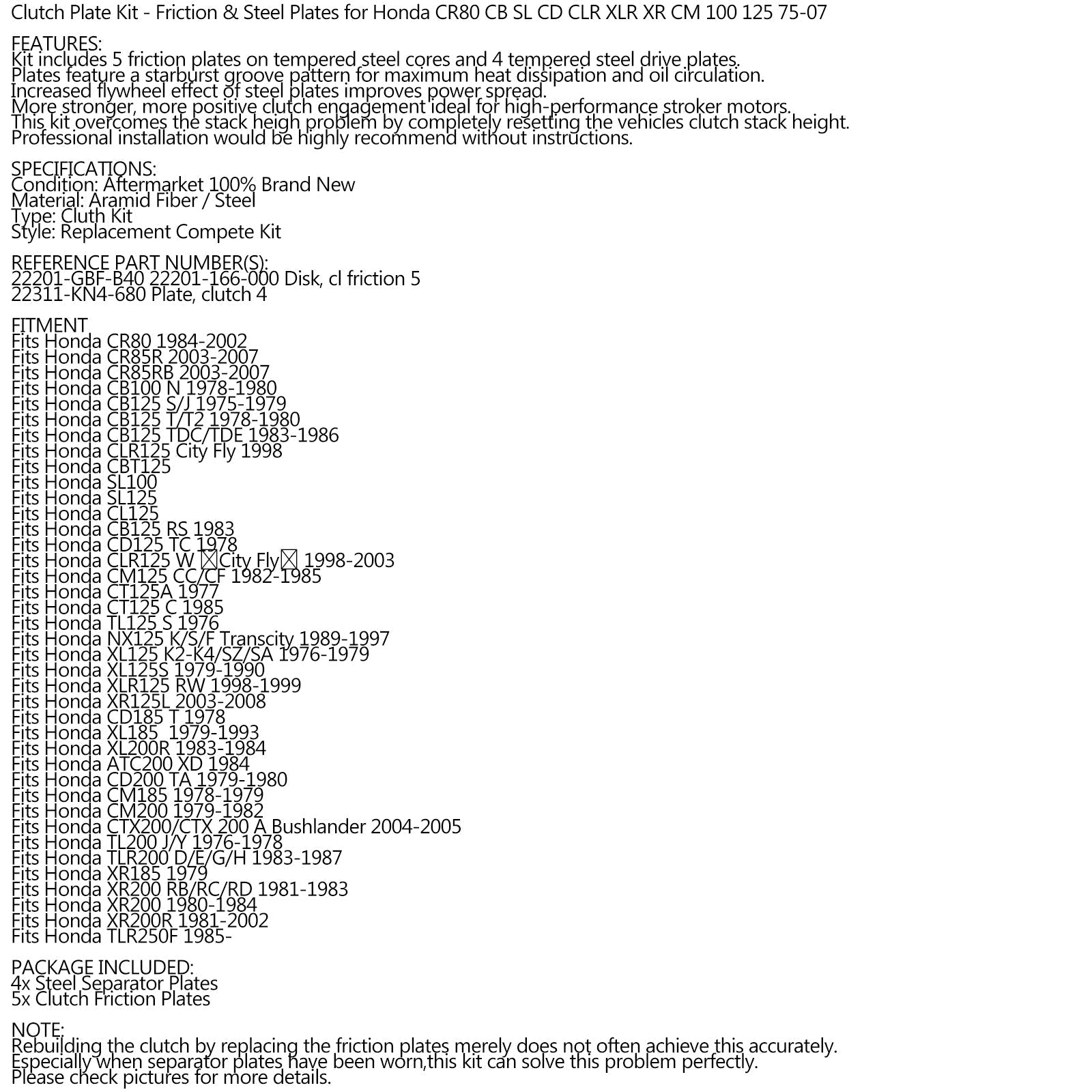 Kit Embrayage Acier & Disques Friction pour Honda CR80 CB SL CD CLR XLR XR CM 100 125 Generic