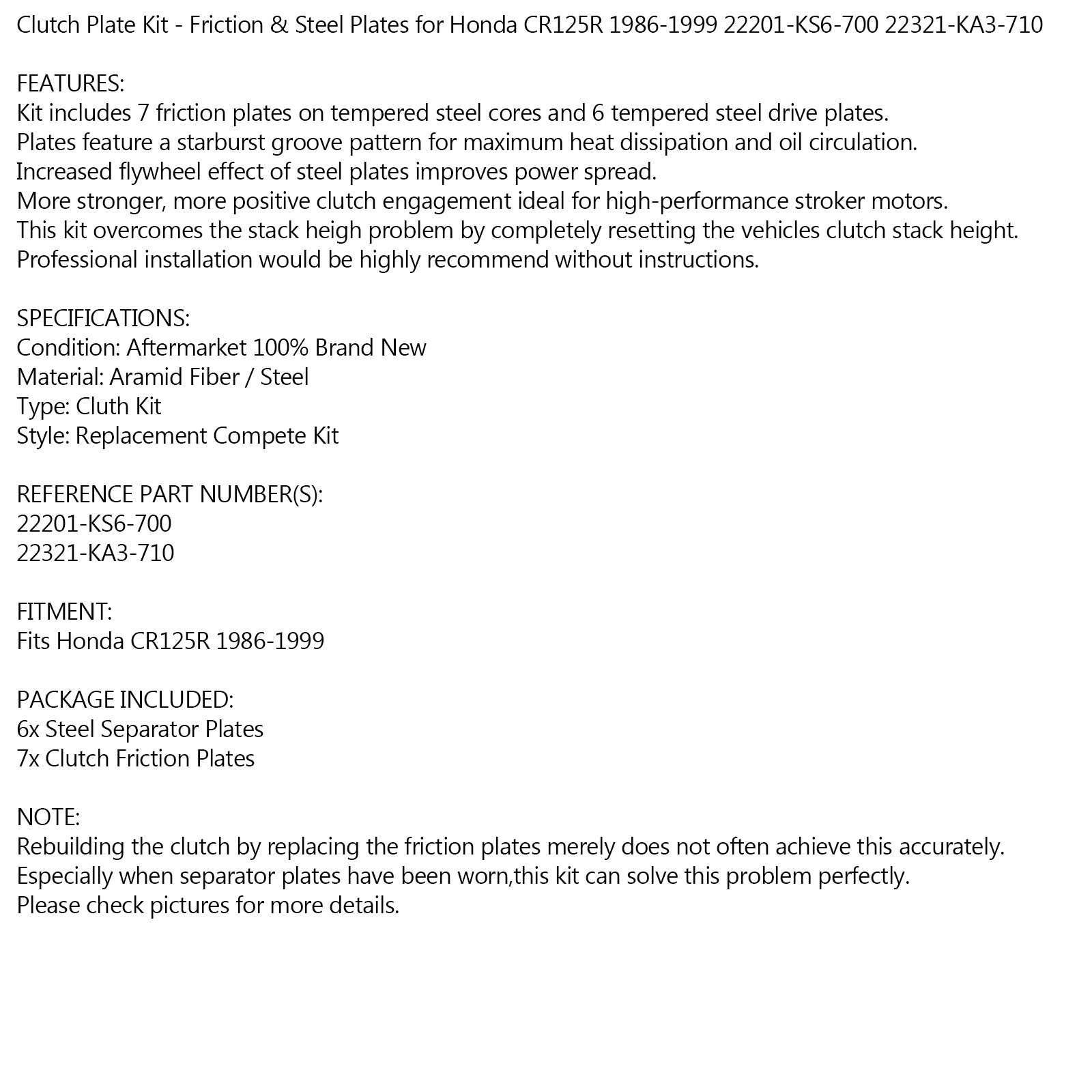 Stalowy zestaw sprzęgła i tarcze cierne do Hondy CR125R CR 125 R 1986-1999 Generic