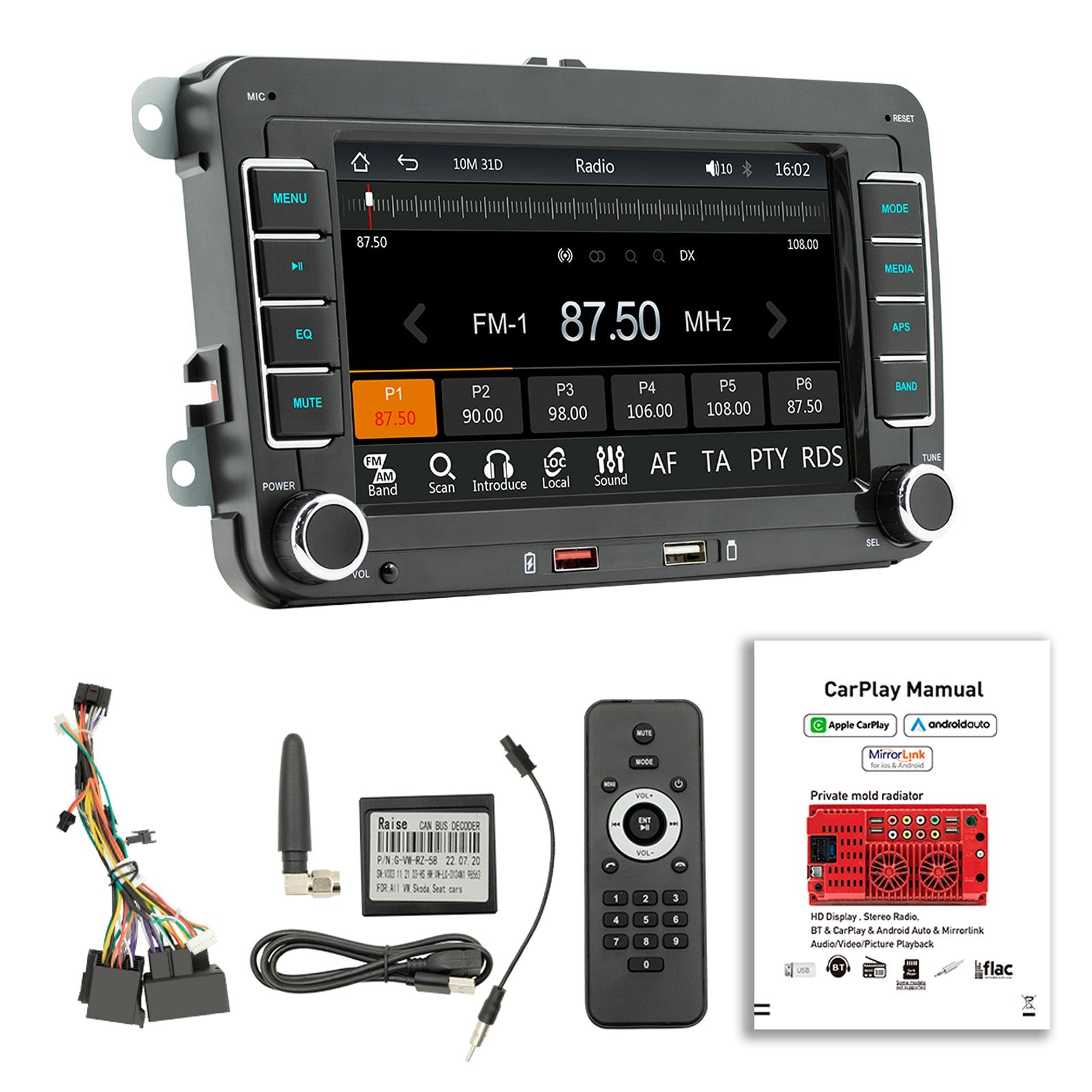 7 "Volkswagen Coche Bluetooth Radio Coche Reproductor MP5 Inalámbrico Carplay + 4 Cámara LED