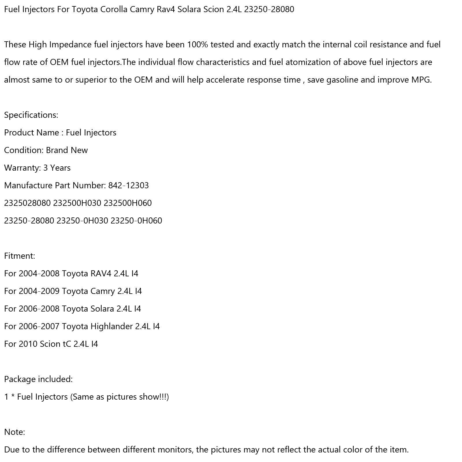 1 koščki injektorjev za gorivo za Toyota Corolla Camry Rav4 Solara Scion 2.4L 23250-28080 generic