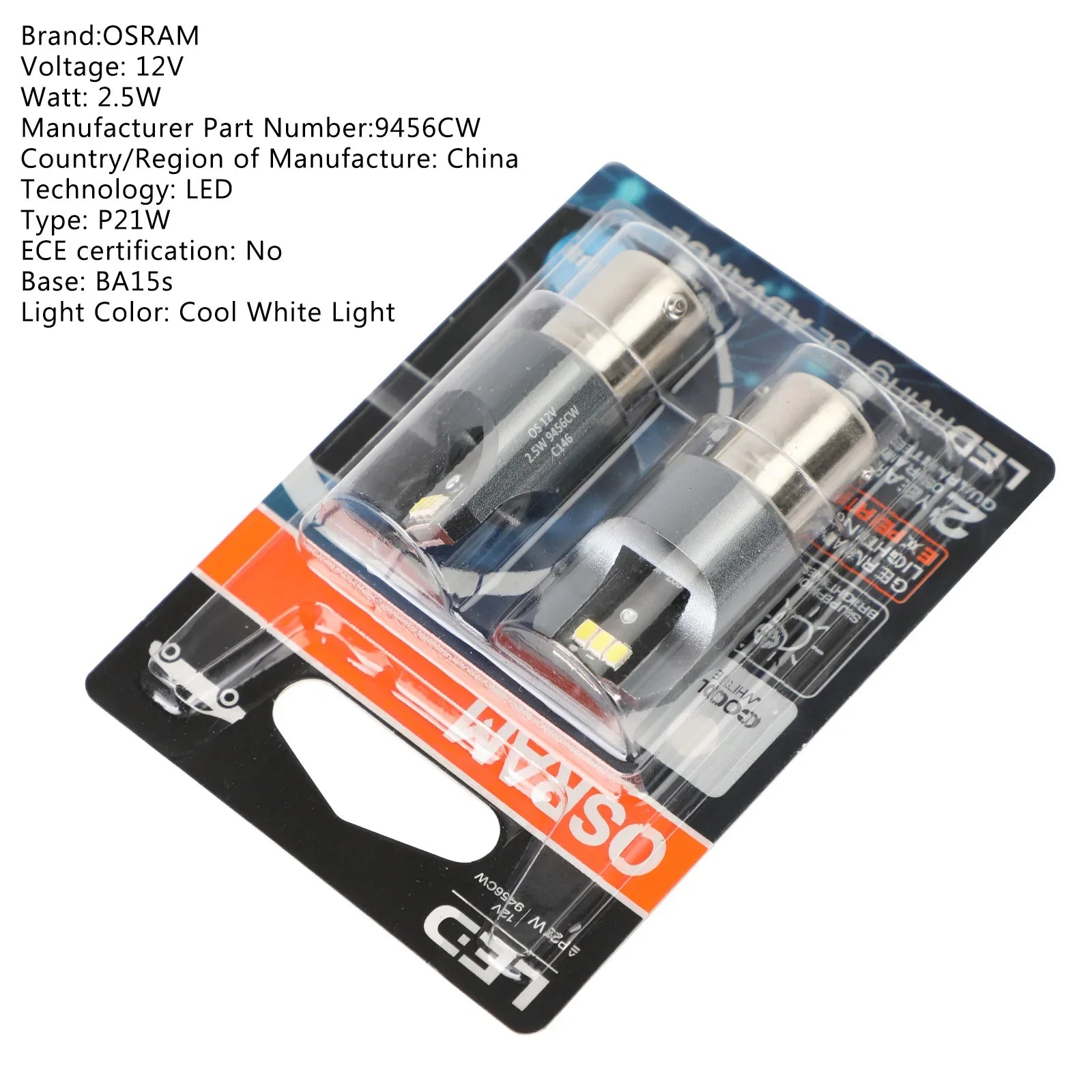 2x Per OSRAM 9456CW Lampadine LED ausiliarie per auto P21W 12V2.5W BA15s Generico