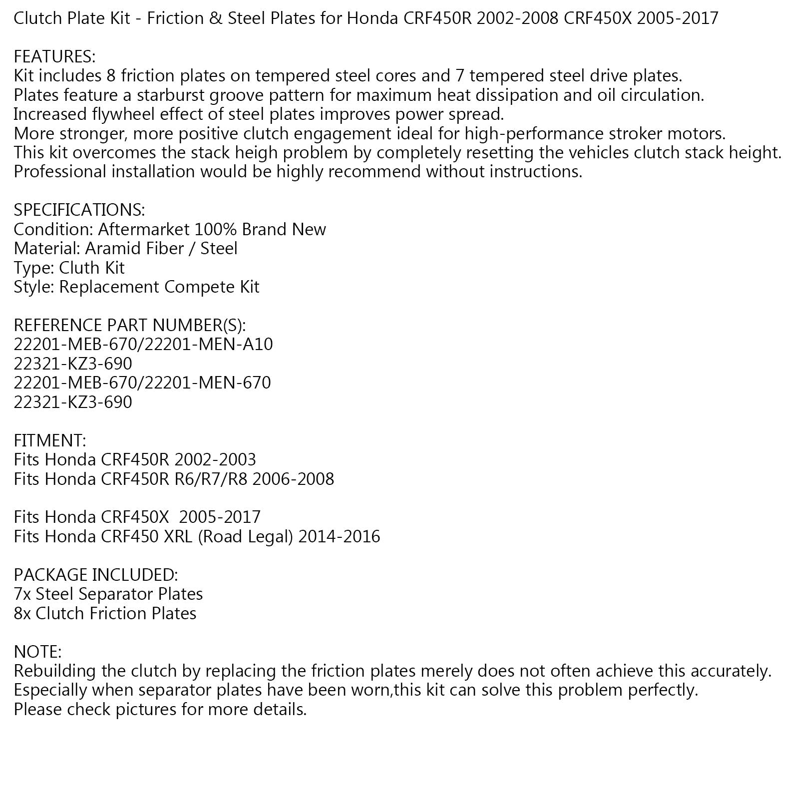 Kit Embrayage Acier & Disques Friction pour Honda CRF450R 2002-2008 CRF450X 2005-2017 Generic