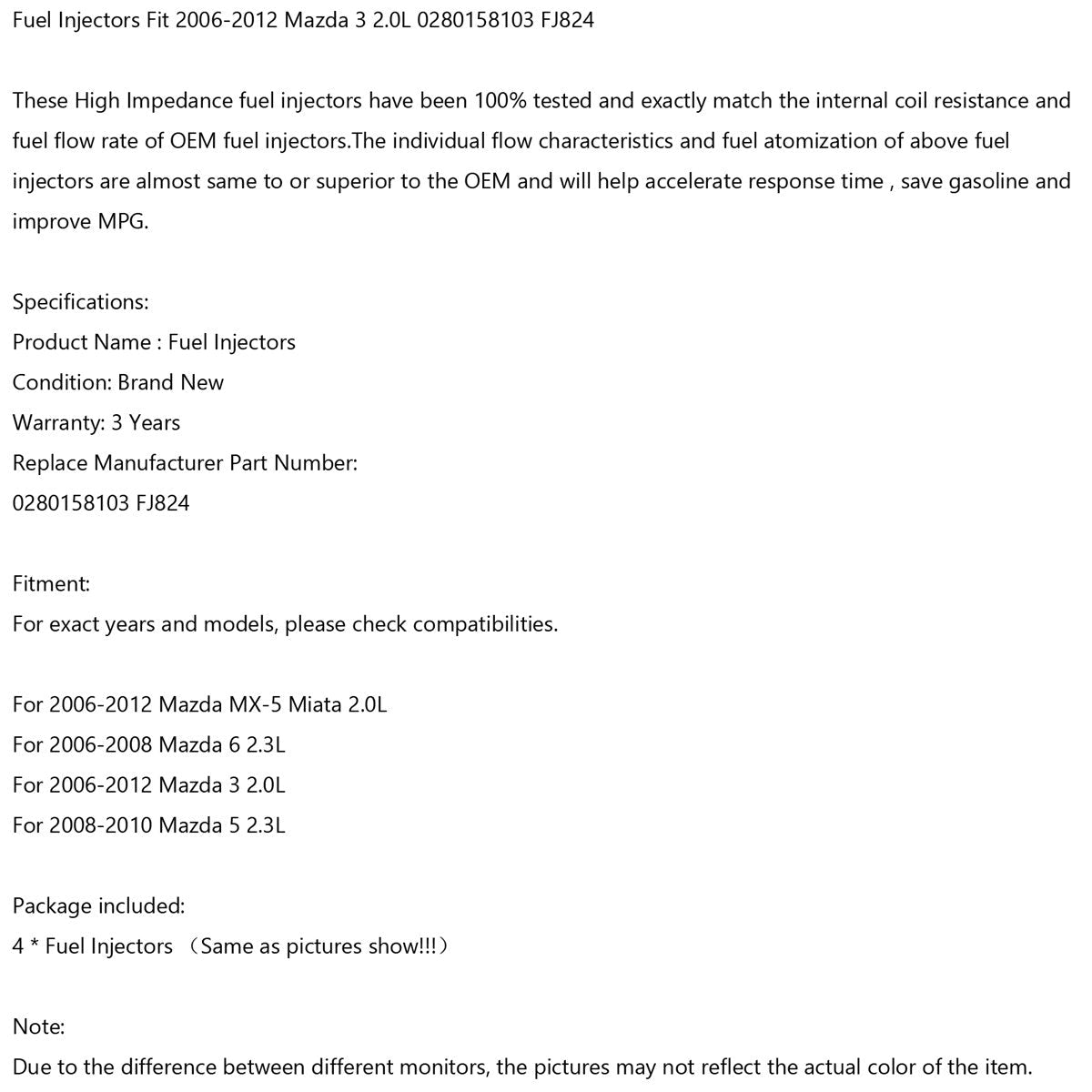 4 STKS Brandstofinjectoren Fit 2006-2012 Mazda3 2.0L 2006-2008 Mazda6 0280158103 Generieke