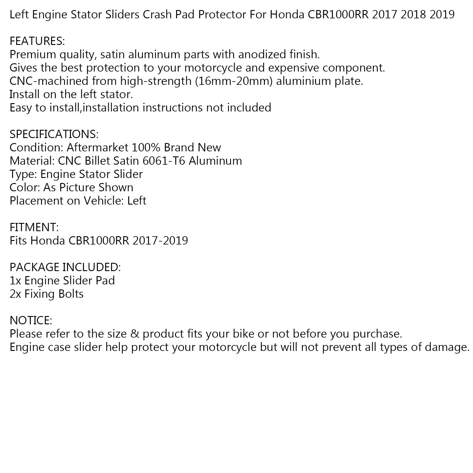 Aluminiowe lewicowe szkiełka ochrony silnika dla Honda CBR1000RR 2017-2019 18 Ogólne