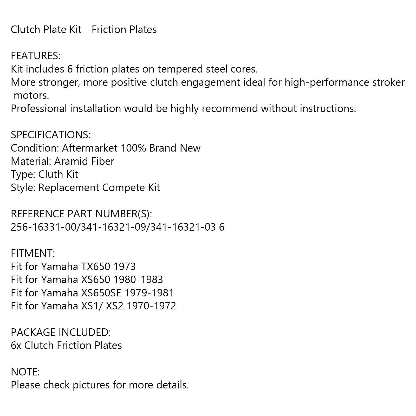 Kit dischi frizione per Yamaha TX650 XS650 XS650SE XS1 256-16331-00 Generico