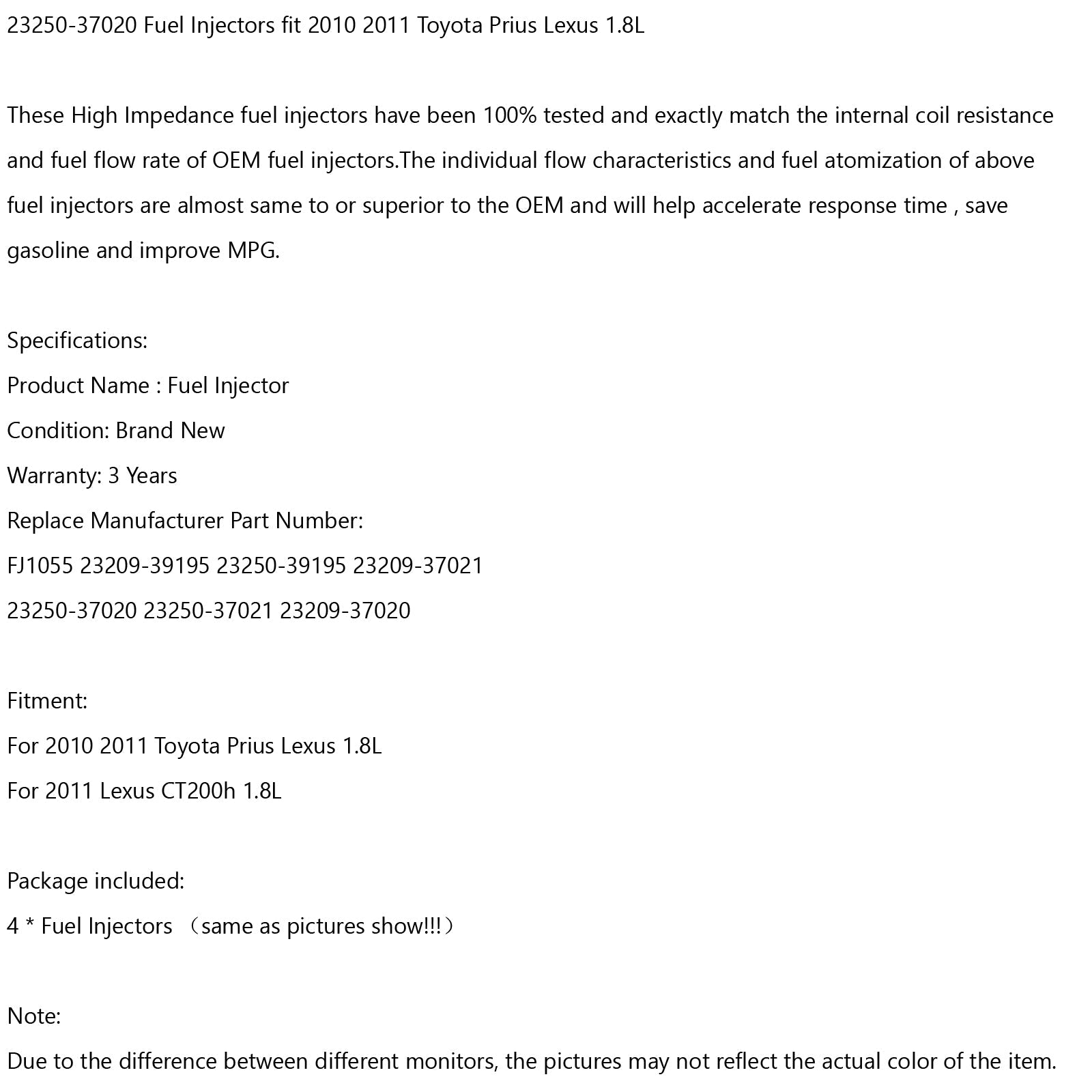 4 Stuks 23250-37020 Brandstof Injectoren Voor Generieke Toyota Prius Lexus 1.8L 2010 2011