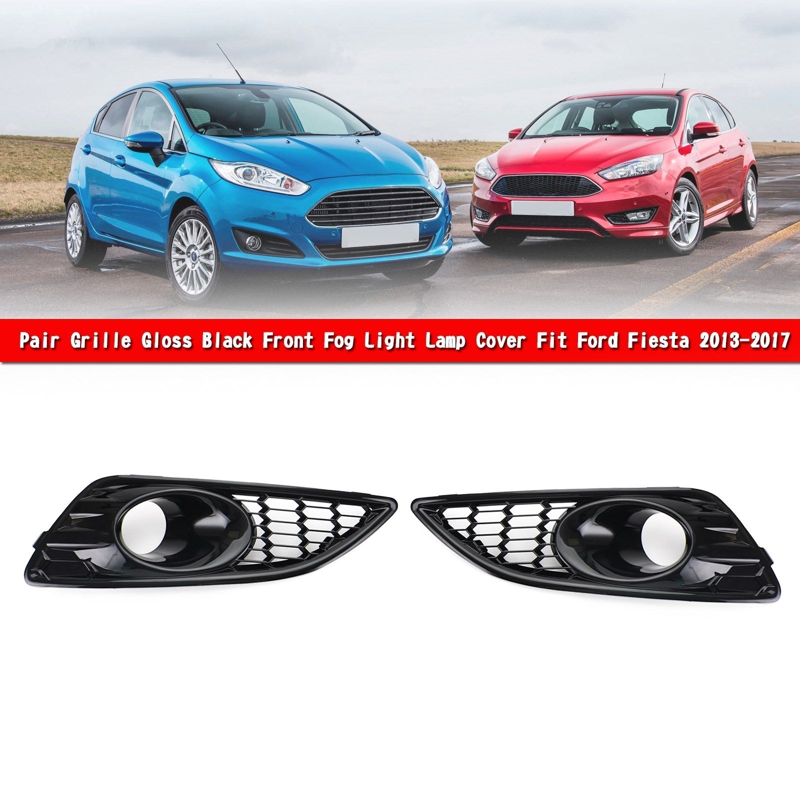 Paar glanzend zwarte grille mistlamplampafdekking voor Ford Fiesta 2013-2017 Generic