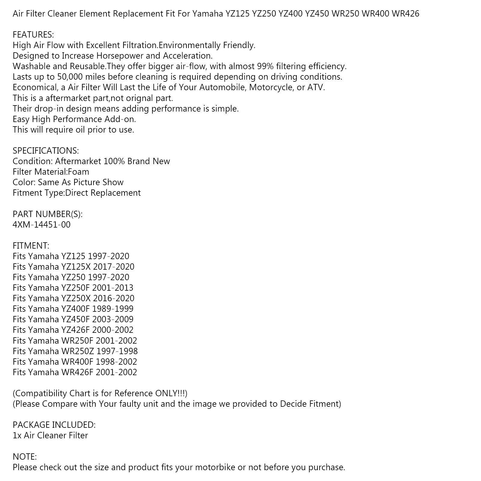 Filtro de aire para Yamaha WR400 YZ125 YZ250 YZ400F 426F 450F 4XM-14451-00 genérico