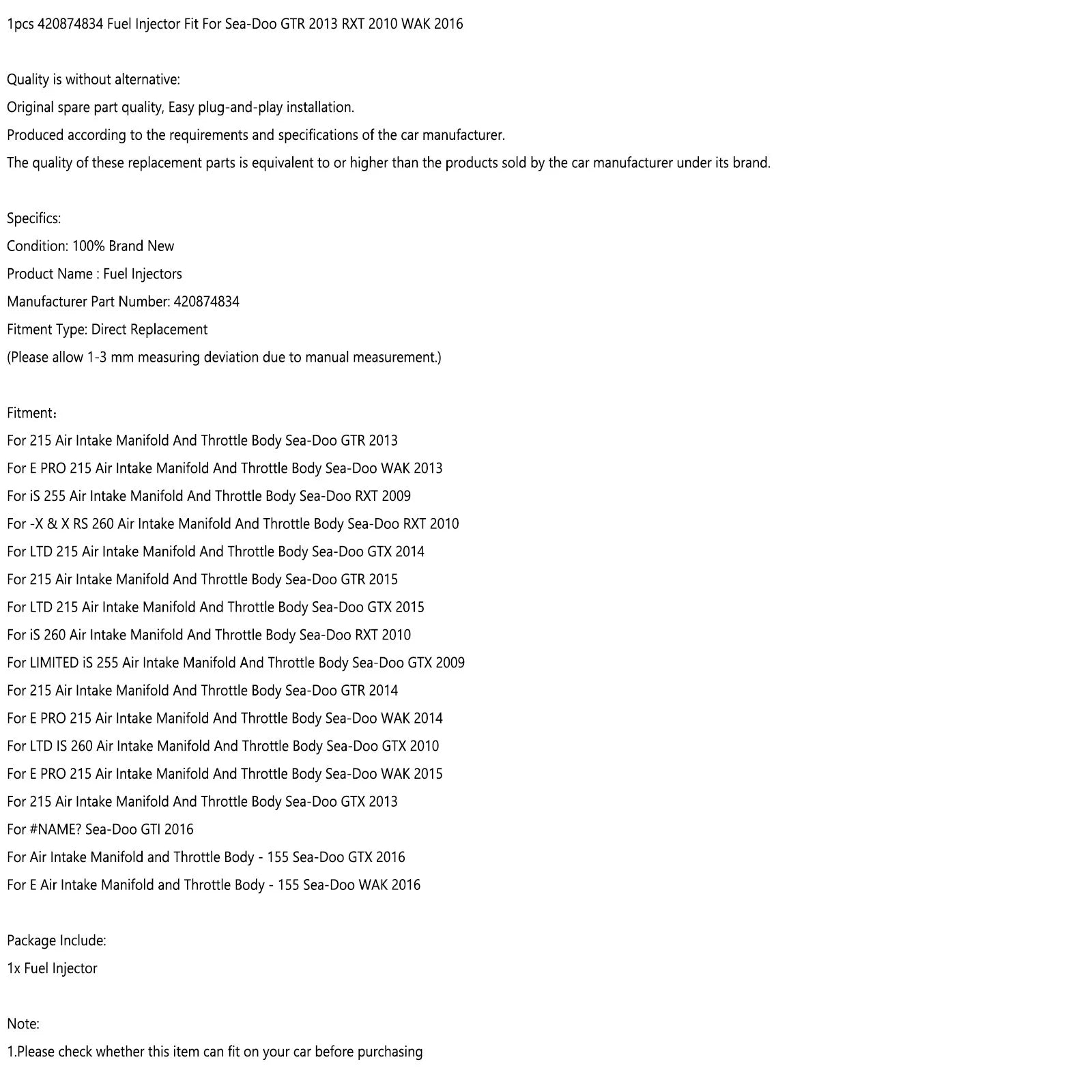 1kpl Polttoainesuuttimet 420874834 Sopii Sea-Doo GTR 2013 RXT 2010 WAK 2016