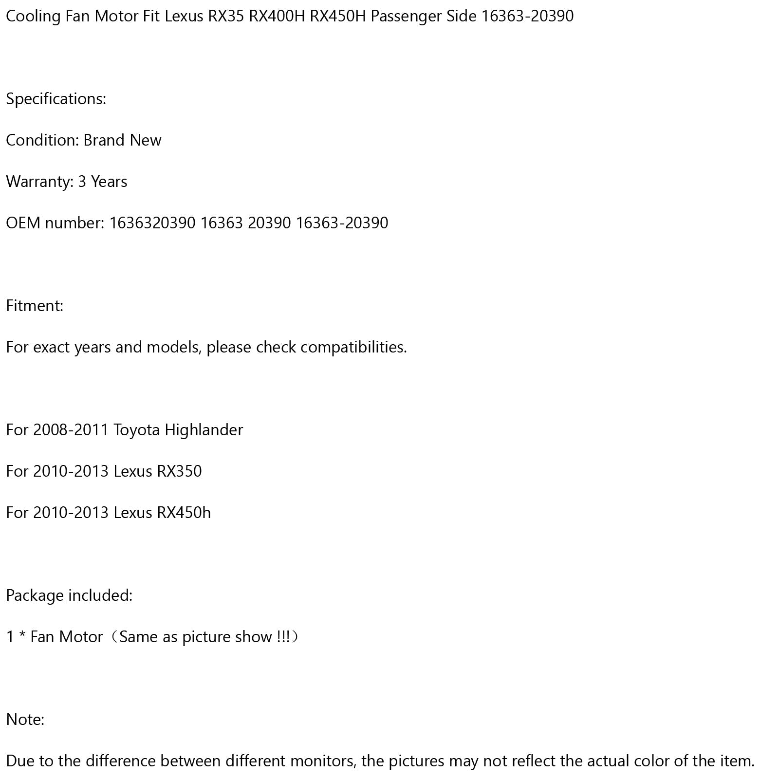 Tuulettimen moottori Lexus RX35 RX400H RX450H matkustajan puolelle 16363-20390 Generic