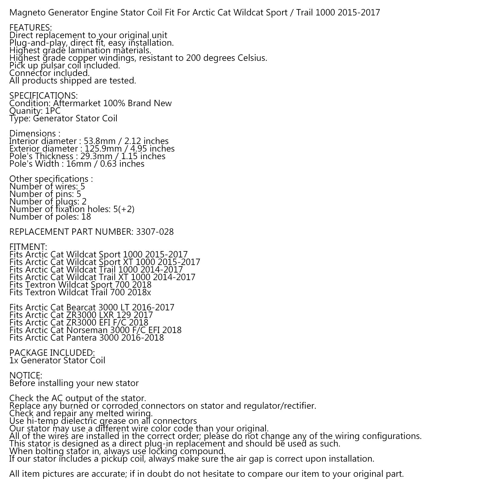 STATOR GENERATORA ALTERNATORA dla Arctic Cat Wildcat Sport Trail 700 1000 XT 14-18 Generic