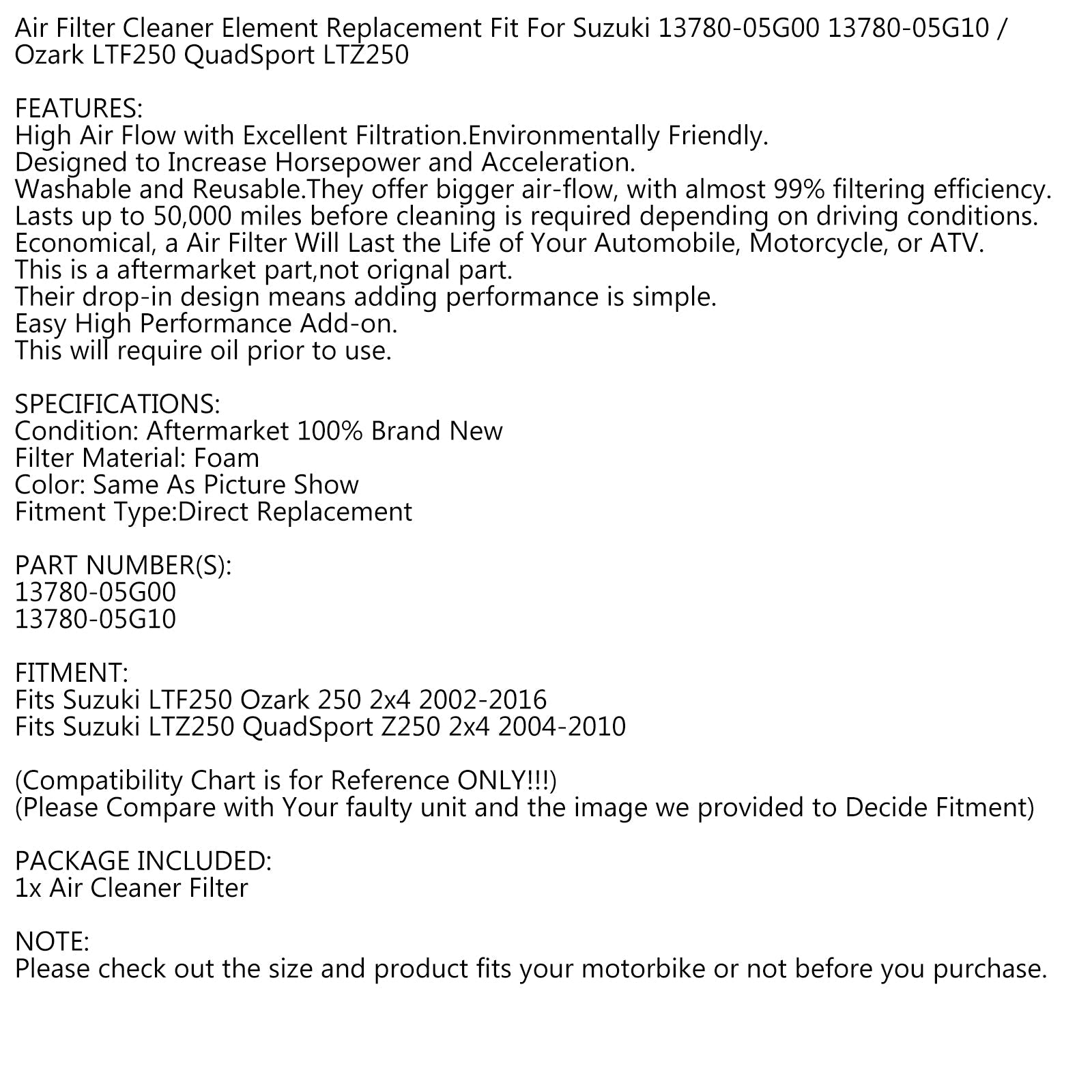 Zračni filter za Suzuki 13780-05G00 13780-05G10 Ozark LTF250 Quadsport LTZ250 generic