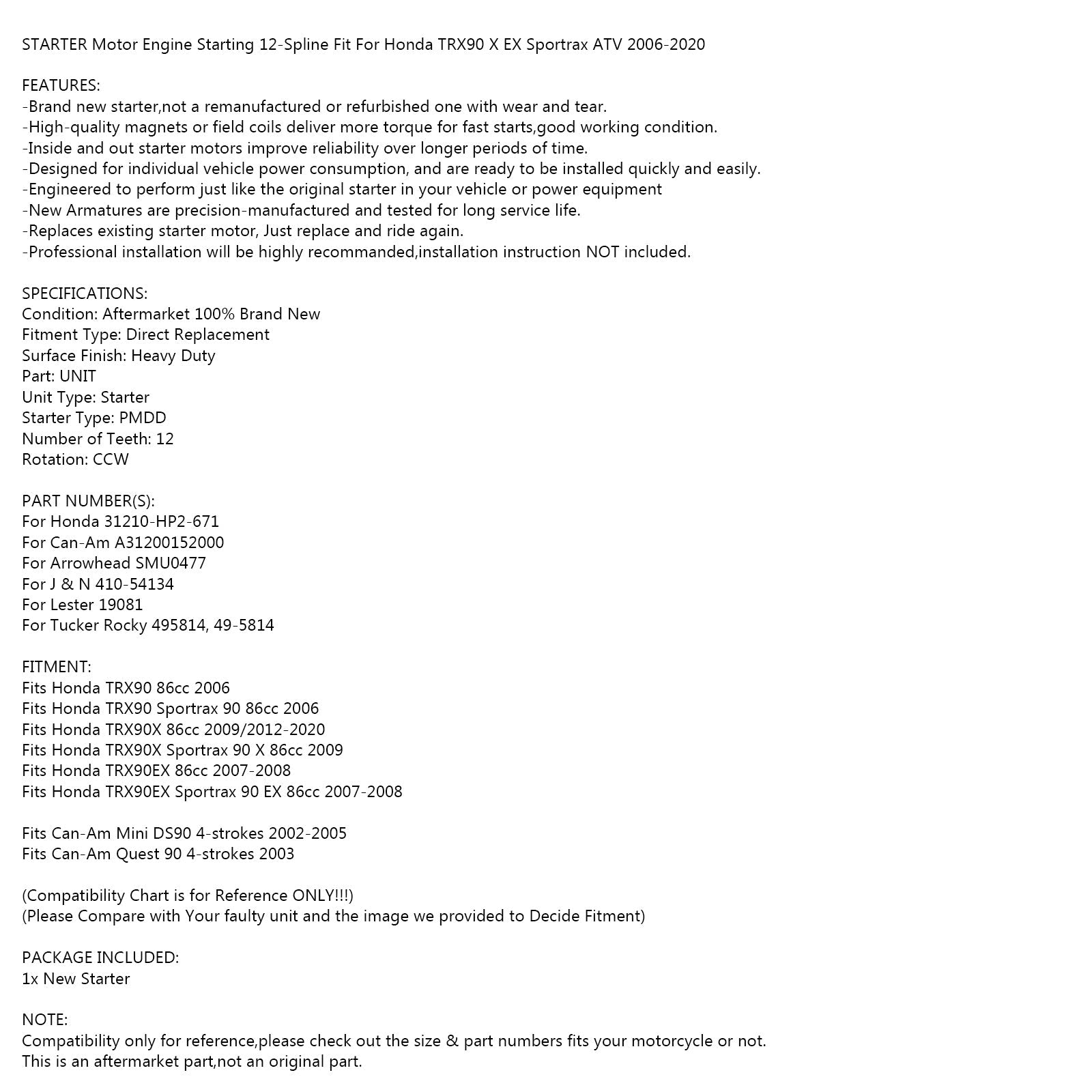 Démarreur adapté pour BOMBARDIER ATV DS90 MINI QUEST 90 4 temps 02-05 A31200-152-000 générique