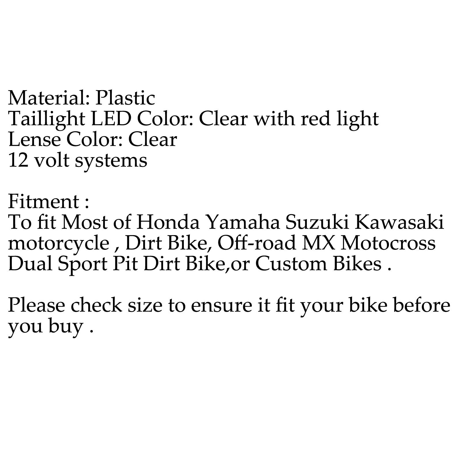 Tout-terrain MX Motocross Dual Sport Pit Dirt Bike LED Garde-boue arrière Frein Feu arrière Générique